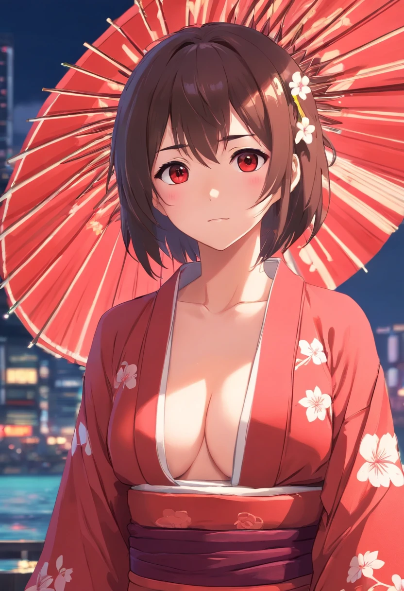 Bigchest,Bare chest,perspire,finely quality eyes,Red pupils,Red and white kimono,No clothing,Fine body,navel,Pure desire,