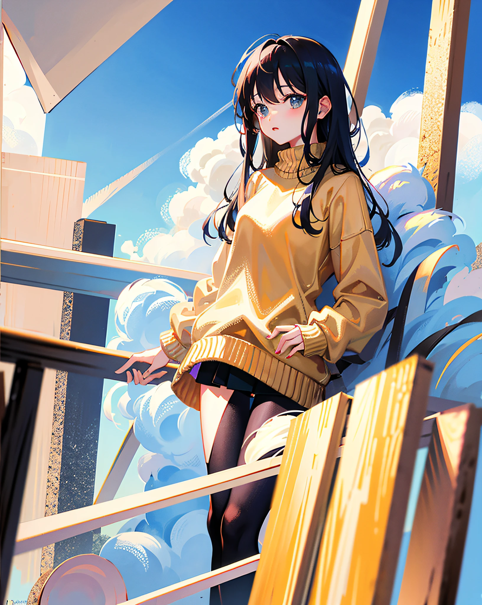 (Realistic painting style:1.0), Masterpiece, Best quality, absurderes, comic strip, illustration,
1 girl, Long hair, Black hair, Cute girl, young and cute girl, Korean girls, {Breasts},
long-sleeves sweater, Wear a long-sleeved sweater, Beige sweater,