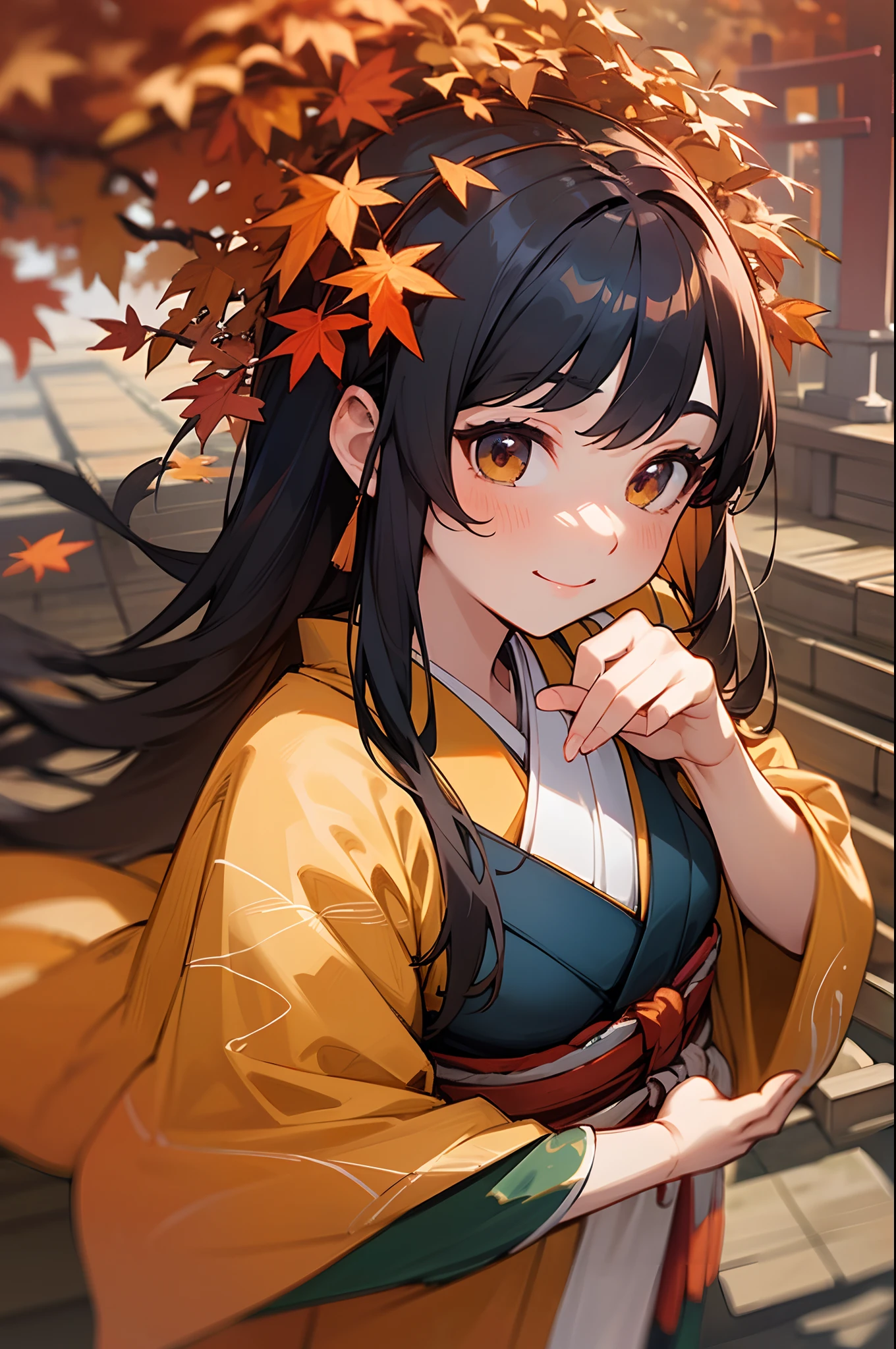(8k, 16k, award-winning, highest quality, high resolution, super detail, textured skin, anatomically correct, masterpiece: 1.3), Japanese shrine maiden, a leaf on her head, facial details, detailed hands and fingers , shrine, torii, autumn, autumn leaves, changing colors, dancing leaves, swaying hair, pretty face, smile, (composition from above: 1.1), sunset, warm colors, orange tones