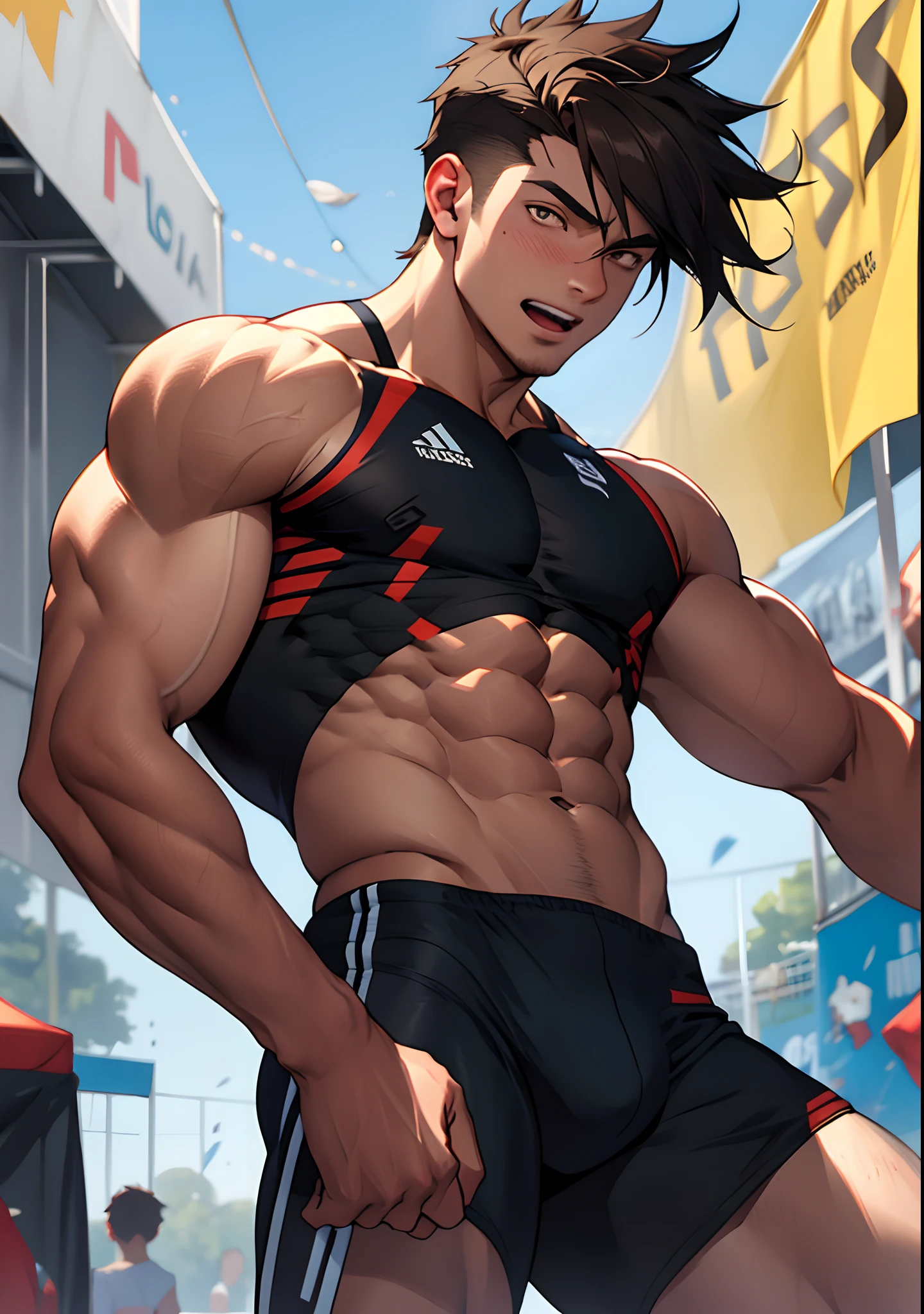 (tmasterpiece,Best quality at best),1boys,athlete,detailedbackground,musculous,short detailed hair,with brown eye,iintricate,full bodyesbian,vivd colour,(depth of fields:1.4),(abs),jumpping,