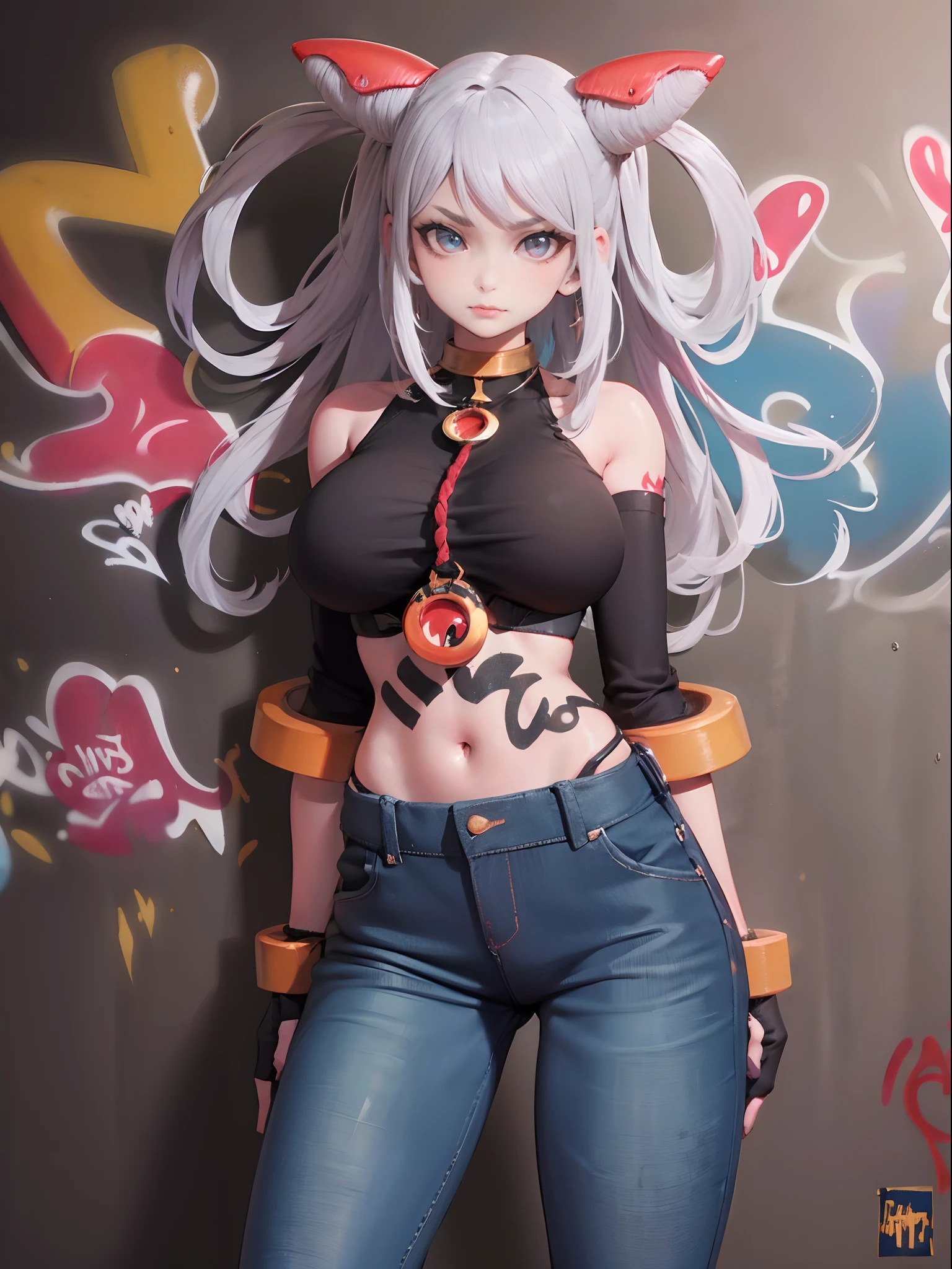 Qi|Arena of Valor, master-piece, bestquality, 1girls,25 years old, proportional body, elongated legs, Beautiful, proportional., crop top, Long Jeans, gigantic breasts, ,bara, crop top, choker, (Graffiti:1.5), Splash with purple lightning pattern., arm behind back, against wall, View viewers from the front., Thigh strap, Head tilt, bored,