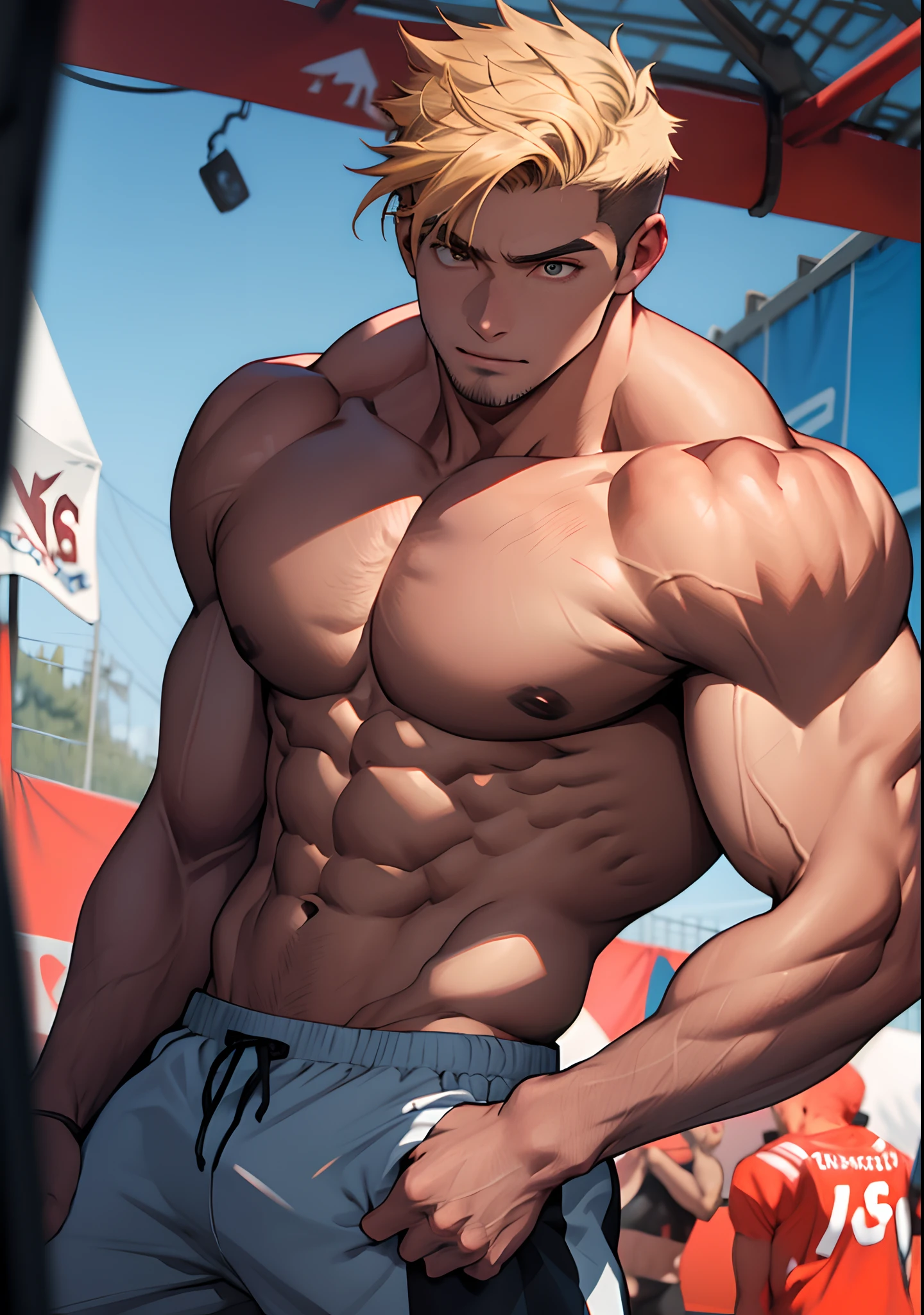 (tmasterpiece,Best quality at best),1boys,athlete,detailedbackground,musculous,short detailed hair,with brown eye,iintricate,full bodyesbian,vivd colour,(depth of fields:1.4),(abs),jumpping,