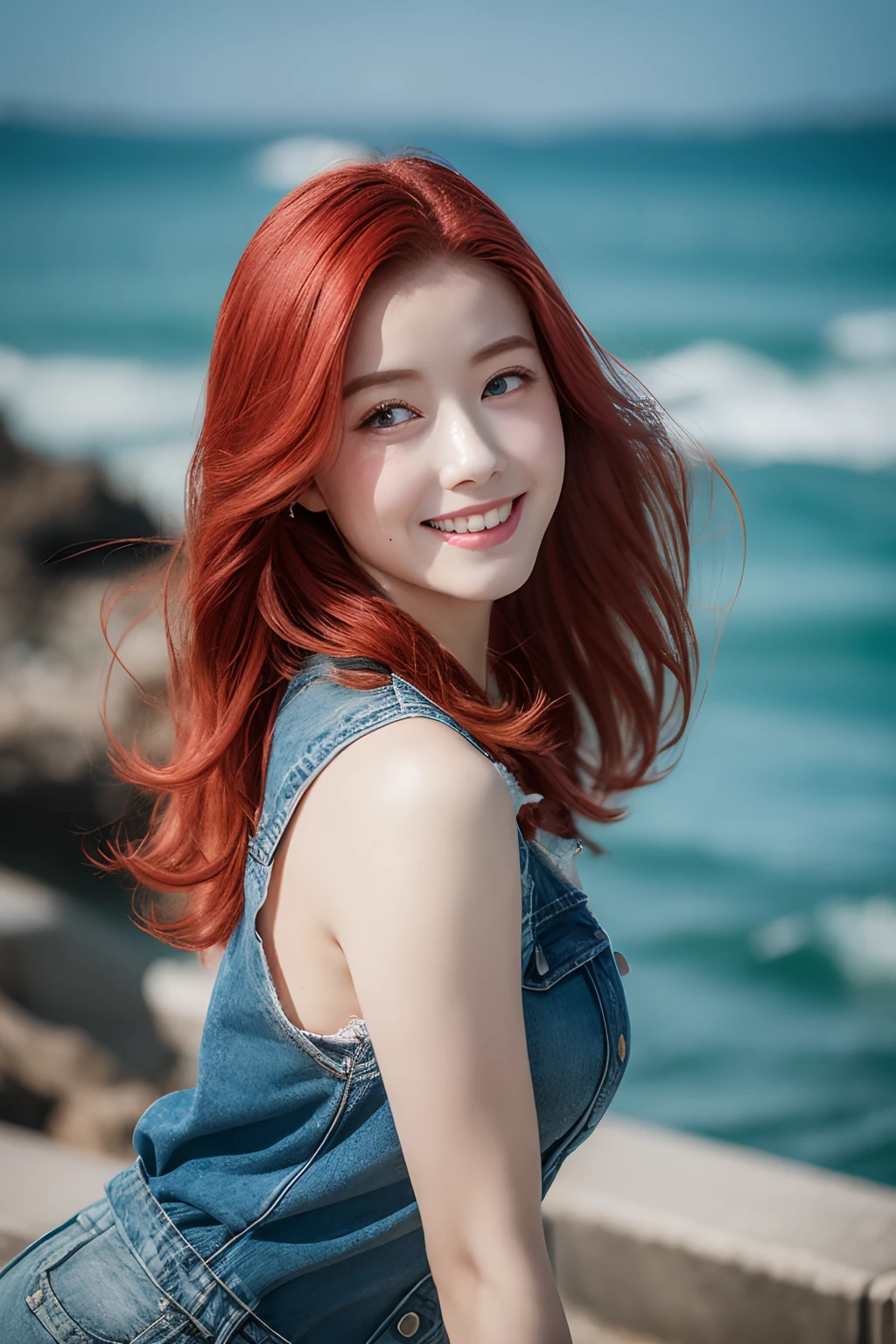 (((surrealism))),((Ray traching)), High detail,high qulity,super detailing,Red hair,mesmerizing eyes,faint blush,Sweet smile,messy hair,perfect body figure,Denim clothes,(Black stockings),realistic lens,Have by the sea,Hong Kong breeze feeling,