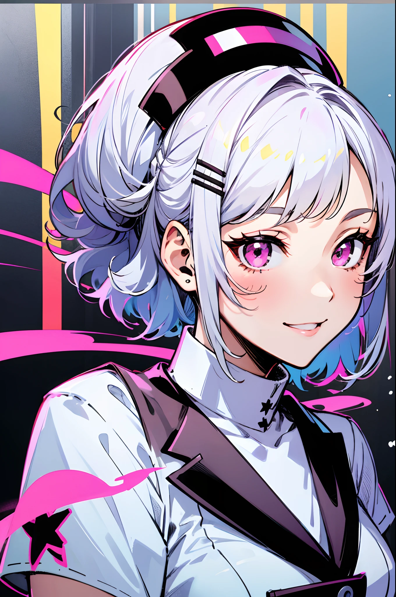 1womanl, Nurse, Nurse Cap, Whiteware, ((White legwear, zettai ryouiki)), White Gloves, Short hairstyle with silver hair and bob, Hair tied in a bun with a hair clip, Pink eyes, Smile, sharp outline, Short sleeves, a matural female, 35 year old, Best Quality, masutepiece, Infirmary