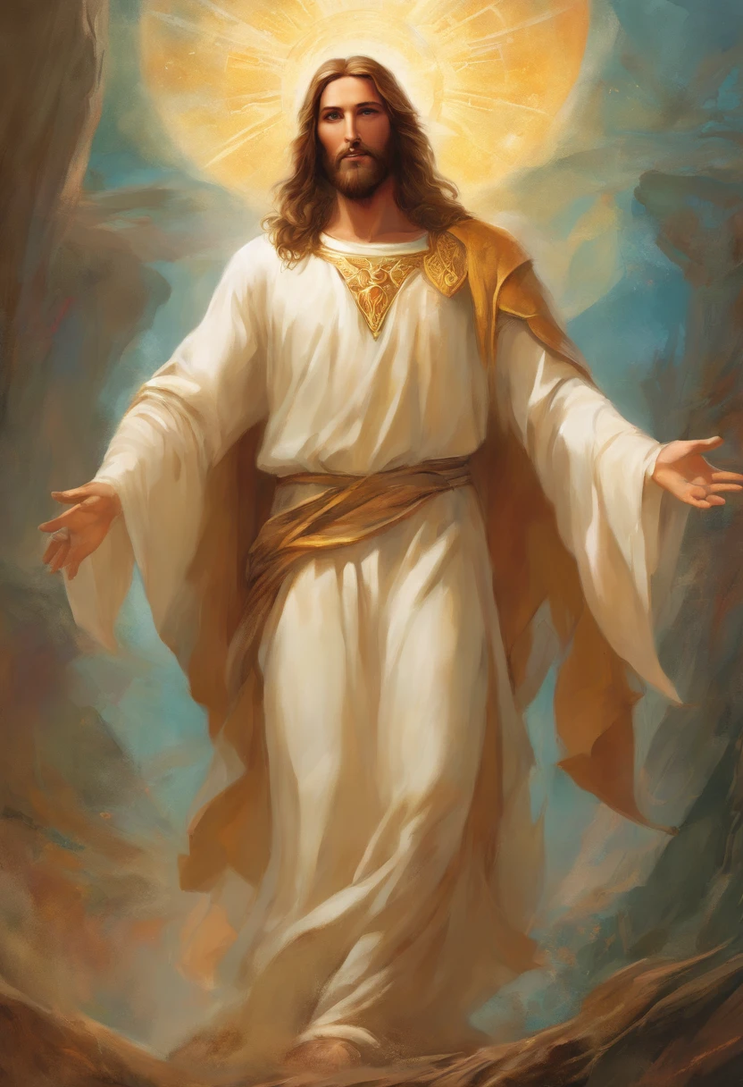 a painting of jesus christ, with a beautiful face with beard,((1man)), ((the son of God)), various positions, ((full body)), ((detailed hands, 5 fingers)), Frank Kelly Freas, Karol Bak style, best quality,32k ultra quality, parade paper quality, movie image, Classic 8K