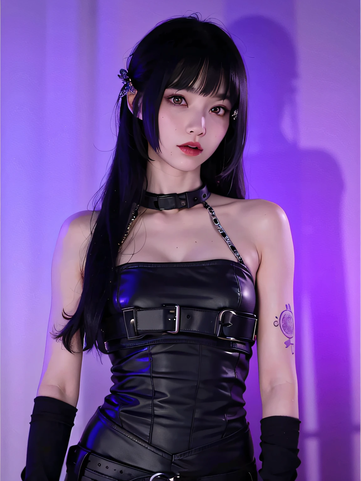 Arapei woman in black dress and gloves poses for a photo, cruel korean goth girl, 1 7 -  - old h girl, all black cyberpunk clothes, alluring tipha lockhart portrait, 1 7 - year - anime g girl, ff Tifa, iu lee ji-eun as a super villain, neo goth, Tifa Lockhart, tifa lockheart