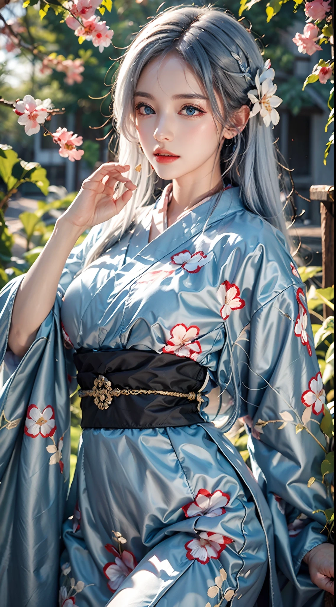 photorealistic, masterpiece, photorealistic, high resolution, soft light, hips up, blue eyes, white hair, long hair, black kimono, floral pattern, cherry blossoms