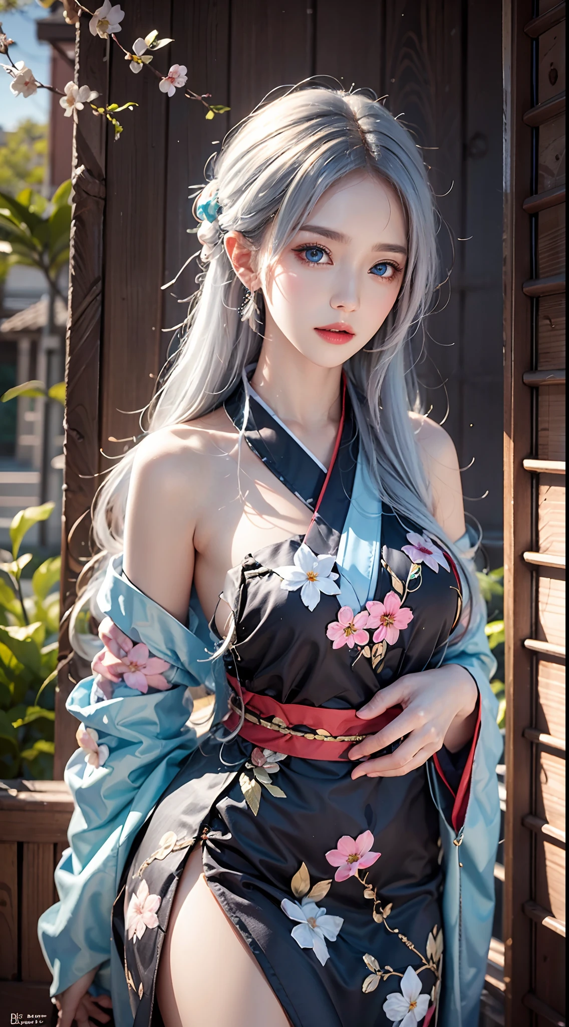 photorealistic, masterpiece, photorealistic, high resolution, soft light, hips up, blue eyes, white hair, long hair, black kimono, floral pattern, cherry blossoms