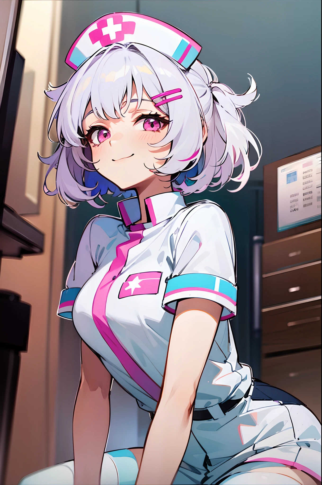 1womanl, Nurse, Nurse Cap, Whiteware, ((White legwear, zettai ryouiki)), White Gloves, Short hairstyle with silver hair and bob, Hair tied in a bun with a hair clip, Pink eyes, Smile, sharp outline, Short sleeves, a matural female, 35 year old, Best Quality, masutepiece, Infirmary