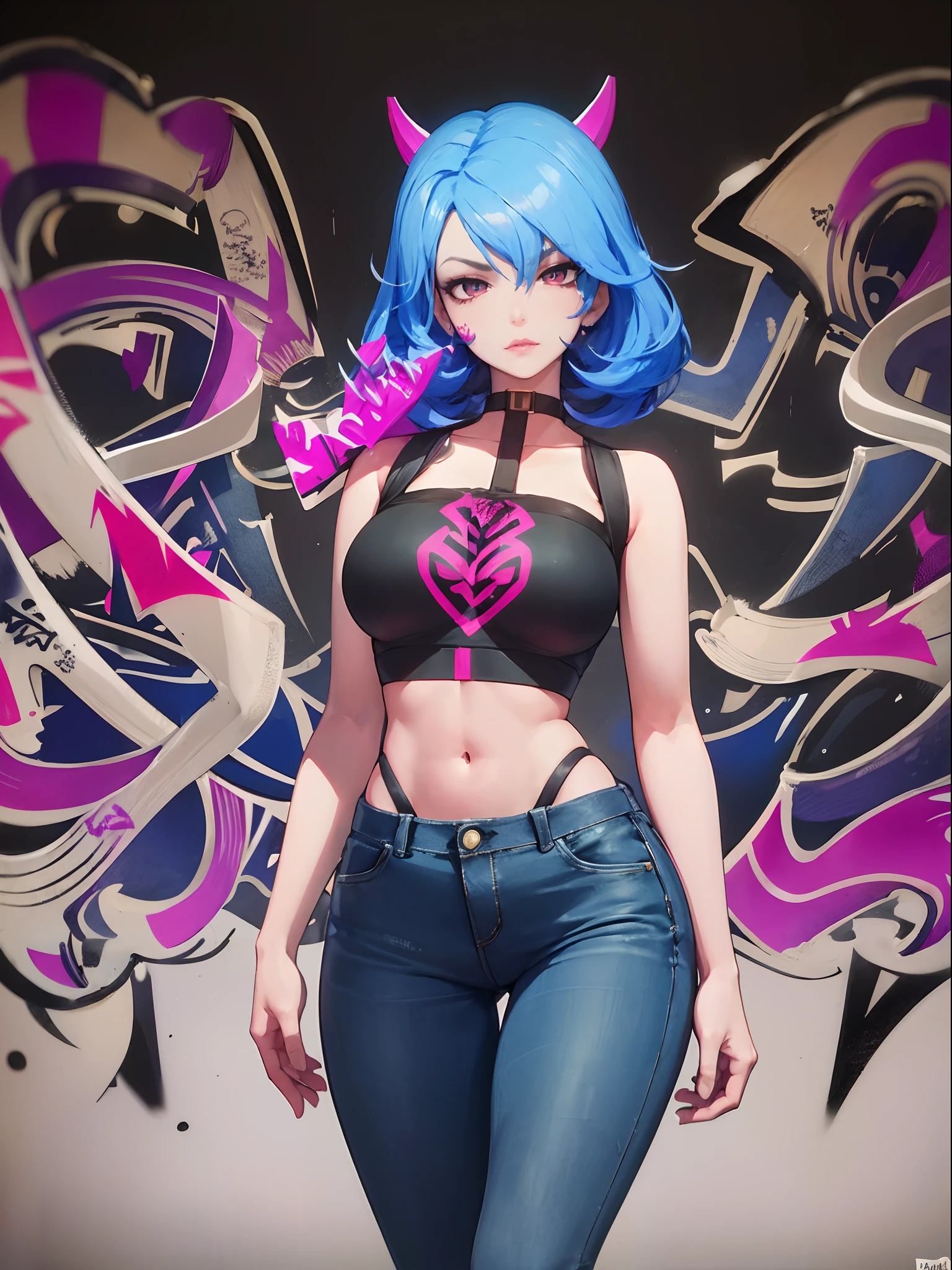 Veera|Arena of Valor, master-piece, bestquality, 1girls,25 years old, proportional body, elongated legs, Beautiful, proportional., crop top, Long Jeans, gigantic breasts, ,bara, crop top, choker, (Graffiti:1.5), Splash with purple lightning pattern., arm behind back, against wall, View viewers from the front., Thigh strap, Head tilt, bored,