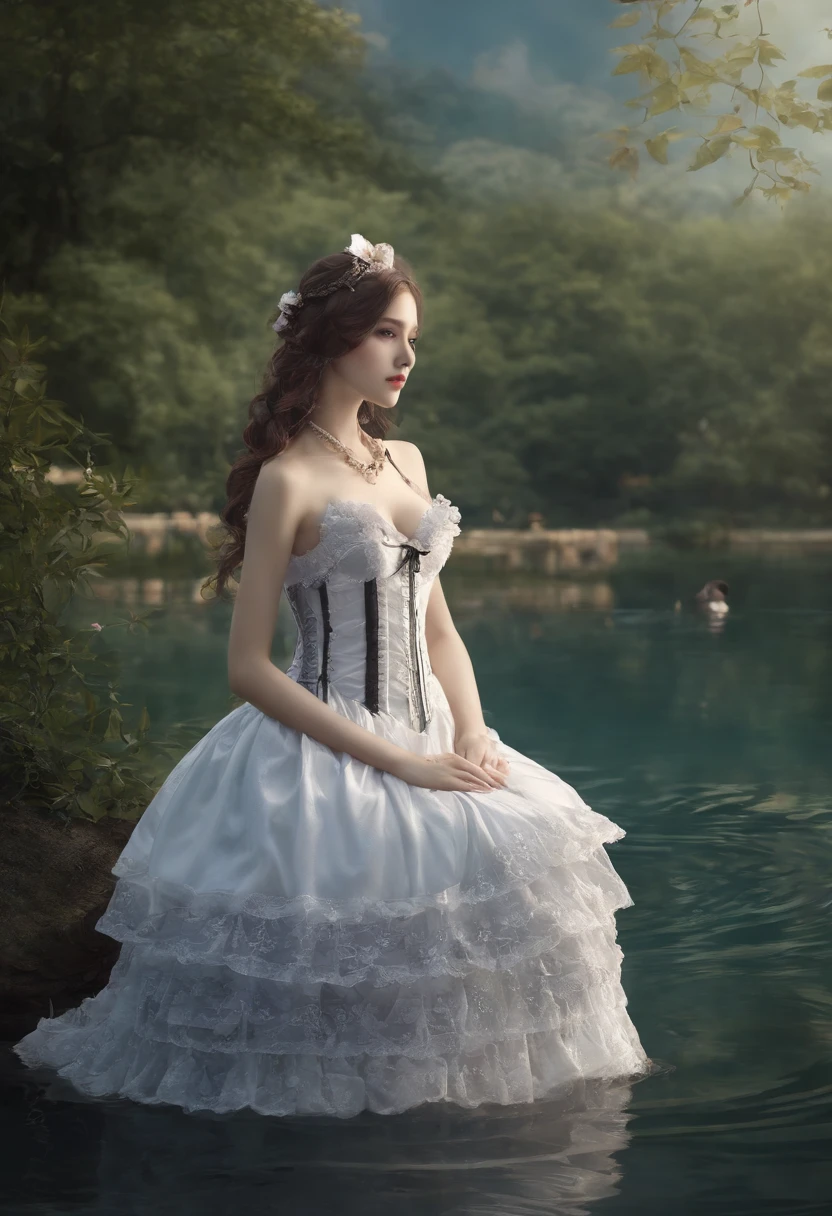 (lingerie:1.3), Takanobu Fujiwara(Takanobu Fujiwara)Digital rendering inspired by, pixiv, rococo, Victoria Gothic Lolita Fashion, Lolita Style,lolita fashion, one-piece,She is swimming in the lake,petticoat