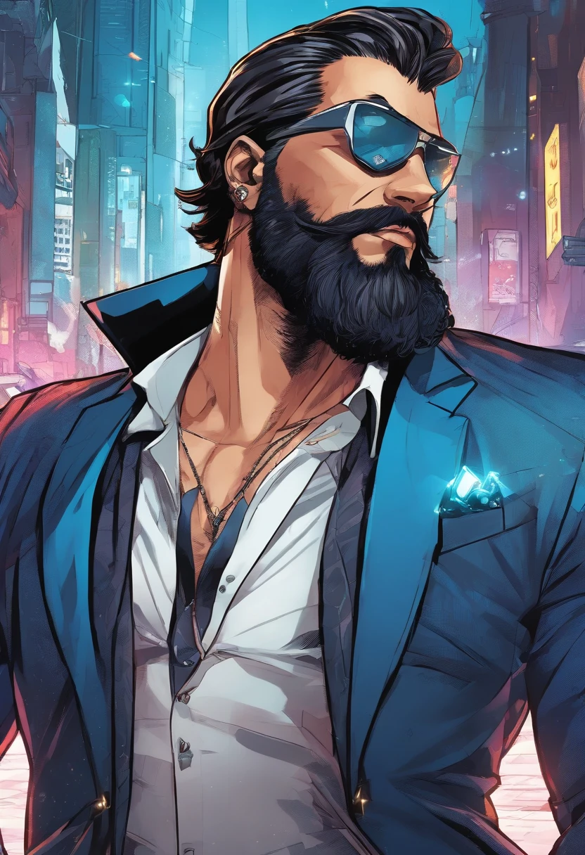 (Cyberpunk man in stylish clothes), (with a long and full beard,) (blue eyes) (portrait) Handsome and serious appearance, dark blue hair, Elegant and elegant, and strong body very formal white shirt, (Picture realistic and high quality), ((Best quality, 8k, master piece).