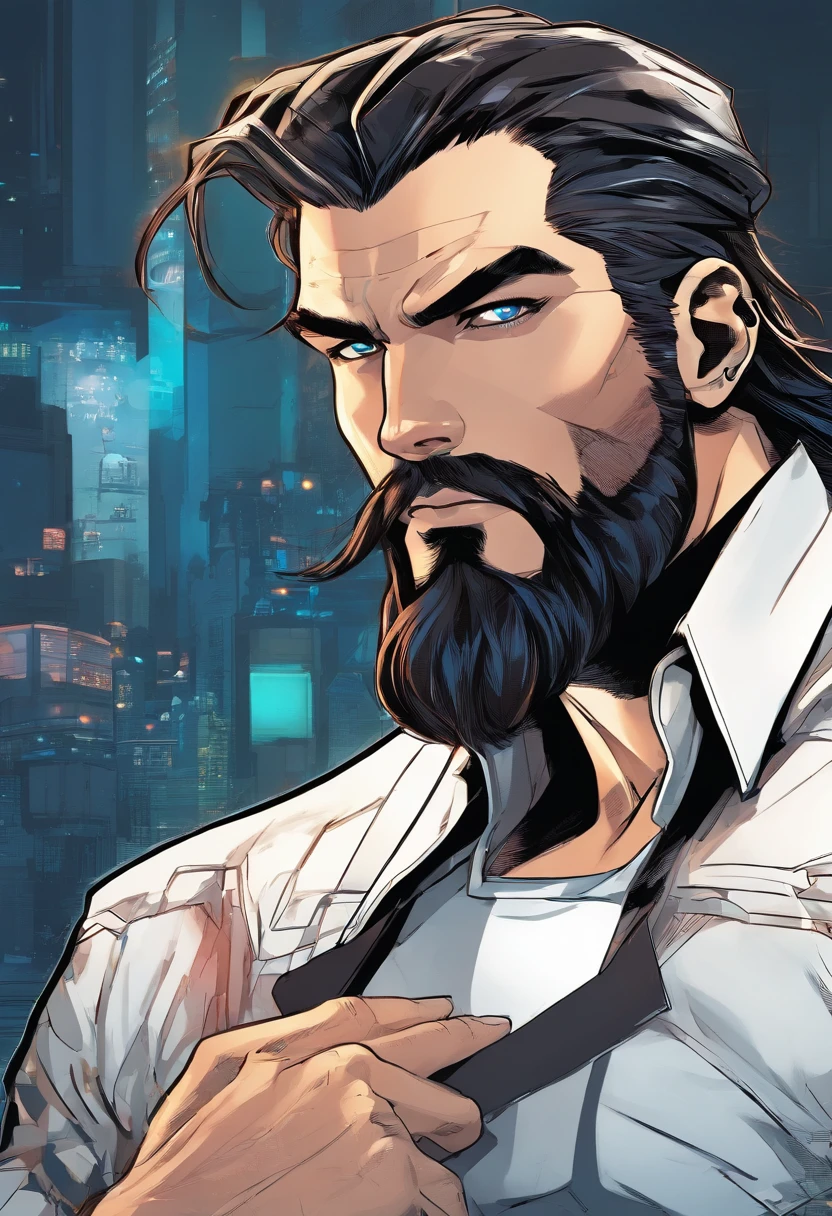 (Cyberpunk man in stylish clothes), (with a long and full beard,) (blue eyes) (portrait) Handsome and serious appearance, dark blue hair, Elegant and elegant, and strong body very formal white shirt, (Picture realistic and high quality), ((Best quality, 8k, master piece).