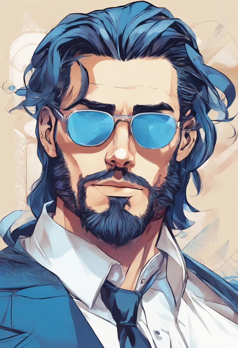 (Cyberpunk man in stylish clothes), (with a long and full beard,) (blue eyes) (portrait) Handsome and serious appearance, dark blue hair, Elegant and elegant, and strong body very formal white shirt, (Picture realistic and high quality), ((Best quality, 8k, master piece).
