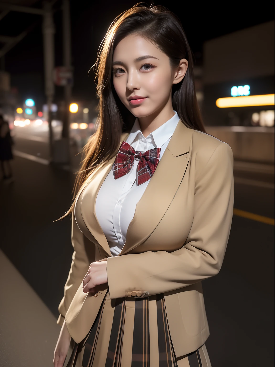 (Raw photo:1.2), (Photorealsitic:1.4), huge filesize, hight resolution, ighly detailed, top-quality, (​masterpiece:1.6),(Hyper-realistic: 1.4), ighly detailed, nffsw, finely detail, top-quality, 8k wallpaper,People with Japan,((Girl with clear white skin)),17 age、FULL BODYSHOT、((Muscular woman like a bodybuilder:1.2)) ,(Hourglass-shaped body)、((Huge ass)),((thick and strong legs:1.3、Sculpted muscular legs:1.2))、((Thick arms with sculpted muscles:1.3))、wide breasts, ((Disproportionately huge breasts:1.4))、((Lori face:1.2))、Narrow eyes, cute  face, Narrow eyes,((A smile))、((Straight hair、One-length))、((((Dark beige open front blazer、With emblem、a bow tie、Plaid pleated skirt、Pantyhose are black))))、((Stand at the end of a narrow alley in the middle of the night、A big city lined with neon-lit Western-style izakayas))、 (Realistic: 1.3), (Smooth lighting: 1.05), (Improved cinematic lighting: 0.9), Realistic lighting, Backlight, Face Light, raytrace, (Whitening light: 1.2), (Image enhancement: 1.4), ( Top quality real skins: 1.4),  (Body Line Mood Increase:1.1),  (Skin Texture Enhancement Beauty:1.1),