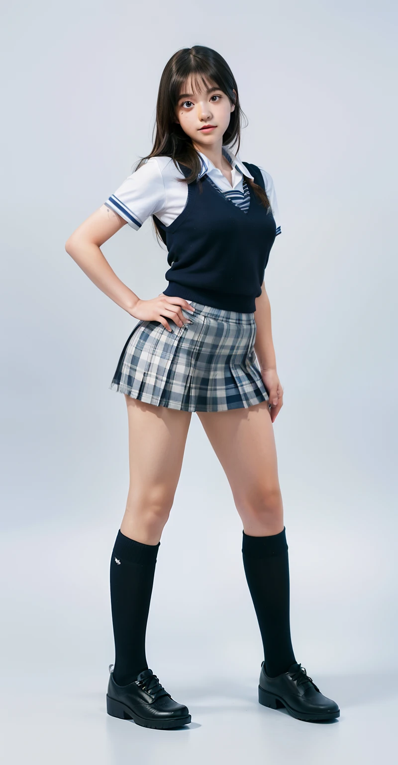 A woman in a school uniform posing, realistic schoolgirl, hyperrealistic schoolgirl, a hyperrealistic schoolgirl, cute schoolgirl, schoolgirl, blue outter, plaid short skirt and high socks, full body, age female schoolgirl