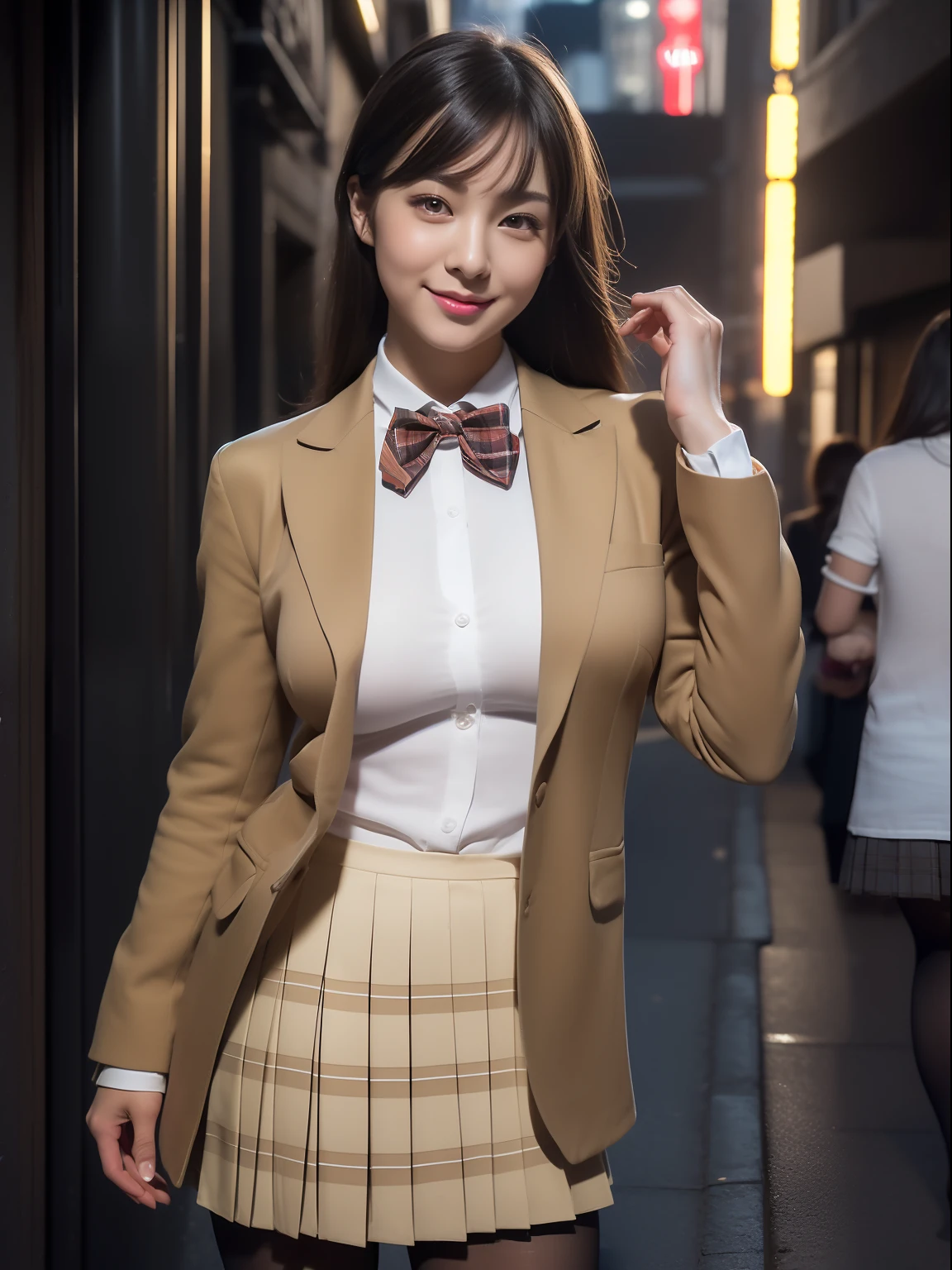 (Raw photo:1.2), (Photorealsitic:1.4), huge filesize, hight resolution, ighly detailed, top-quality, (masterpiece:1.6),(Hyper-realistic: 1.4), ighly detailed, nffsw, finely detail, top-quality, 8k wallpaper,People with Japan,((Girl with clear white skin)),17 age、FULL BODYSHOT、((Muscular woman like a bodybuilder:1.2)) ,(Hourglass-shaped body)、((Huge ass)),((thick and strong legs:1.3、Sculpted muscular legs:1.2))、((Thick arms with sculpted muscles:1.3))、wide breasts, ((Disproportionately huge breasts:1.4))、((Lori face:1.2))、Narrow eyes, cute face, Narrow eyes,((A smile))、((Straight hair、One-length))、((((Dark beige open front blazer、With emblem、a bow tie、Plaid pleated skirt、Pantyhose are black))))、((Stand at the end of a narrow alley in the middle of the night、A big city lined with neon-lit Western-style izakayas))、 (Realistic: 1.3), (Smooth lighting: 1.05), (Improved cinematic lighting: 0.9), Realistic lighting, Backlight, Face Light, raytrace, (Whitening light: 1.2), (Image enhancement: 1.4), ( Top quality real skins: 1.4), (Body Line Mood Increase:1.1), (Skin Texture Enhancement Beauty:1.1),