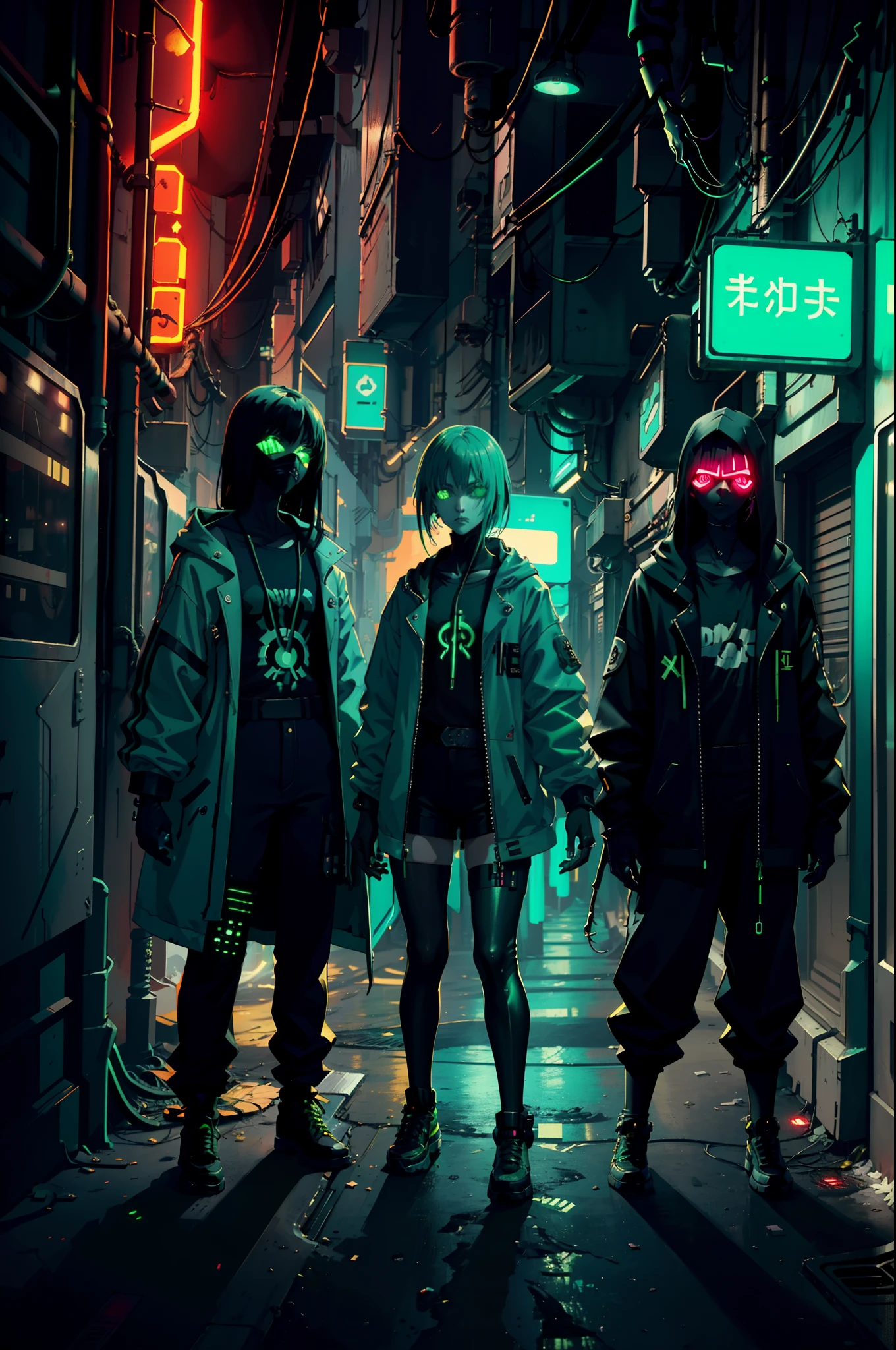 uma gangue de meninas andando em um tunel, only green neon lights, imagem estilo cyberpunk, roupas cyberpunk, Neonoir, ambiente ultra escuro, only minimal green neon