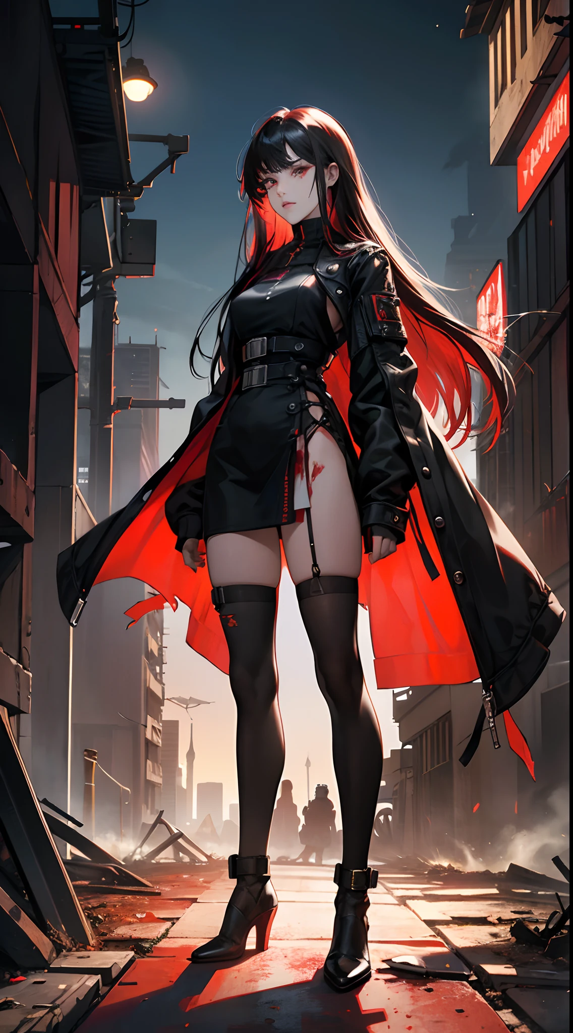 (Best Quality,4K,High resolution), 18yo woman, Red mesh hair on black hair, Long hair, Straight hair,  , Comical appearance，(Best Quality,4K,High resolution), 18yo woman, Red highlights on black hair, Long hair, Straight hair, Cool Woman,Cold eyes ,sharp eye，glares，Red glowing eyes，inattention，Standing Woman，Full body close-up，Turning the camera from behind，Dark back alley，Retro Doomsday World，Delicate illustrations drawn in detail，Torn clothes with intricate decorations, Cyberpunk Expressions，Realistic portrayal，、I cry，A ruined futuristic city，luminous sky，Vibrant colors，blood moon，Gothic expression，Classic background