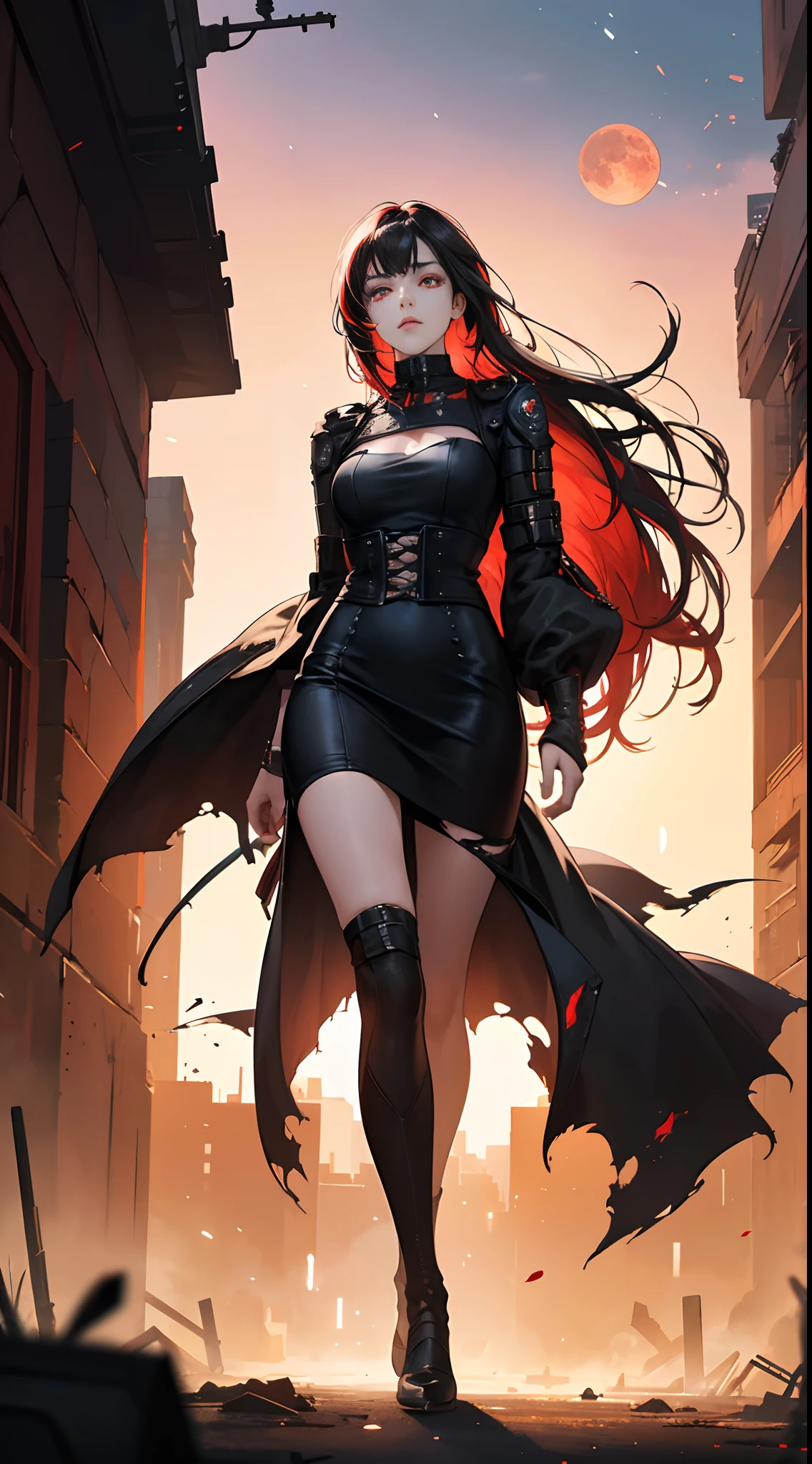 (Best Quality,4K,High resolution), 18yo woman, Red mesh hair on black hair, Long hair, Straight hair, , Comical appearance,(Best Quality,4K,High resolution), 18yo woman, Red highlights on black hair, Long hair, Straight hair, Cool Woman,Cold eyes ,sharp eye,glares,Red glowing eyes,inattention,Standing Woman,Full body close-up,Turning the camera from behind,Dark back alley,Retro Doomsday World,Delicate illustrations drawn in detail,Torn clothes with intricate decorations, Cyberpunk Expressions,Realistic portrayal,、I cry,A ruined futuristic city,luminous sky,Vibrant colors,blood moon,Gothic expression,Classic background