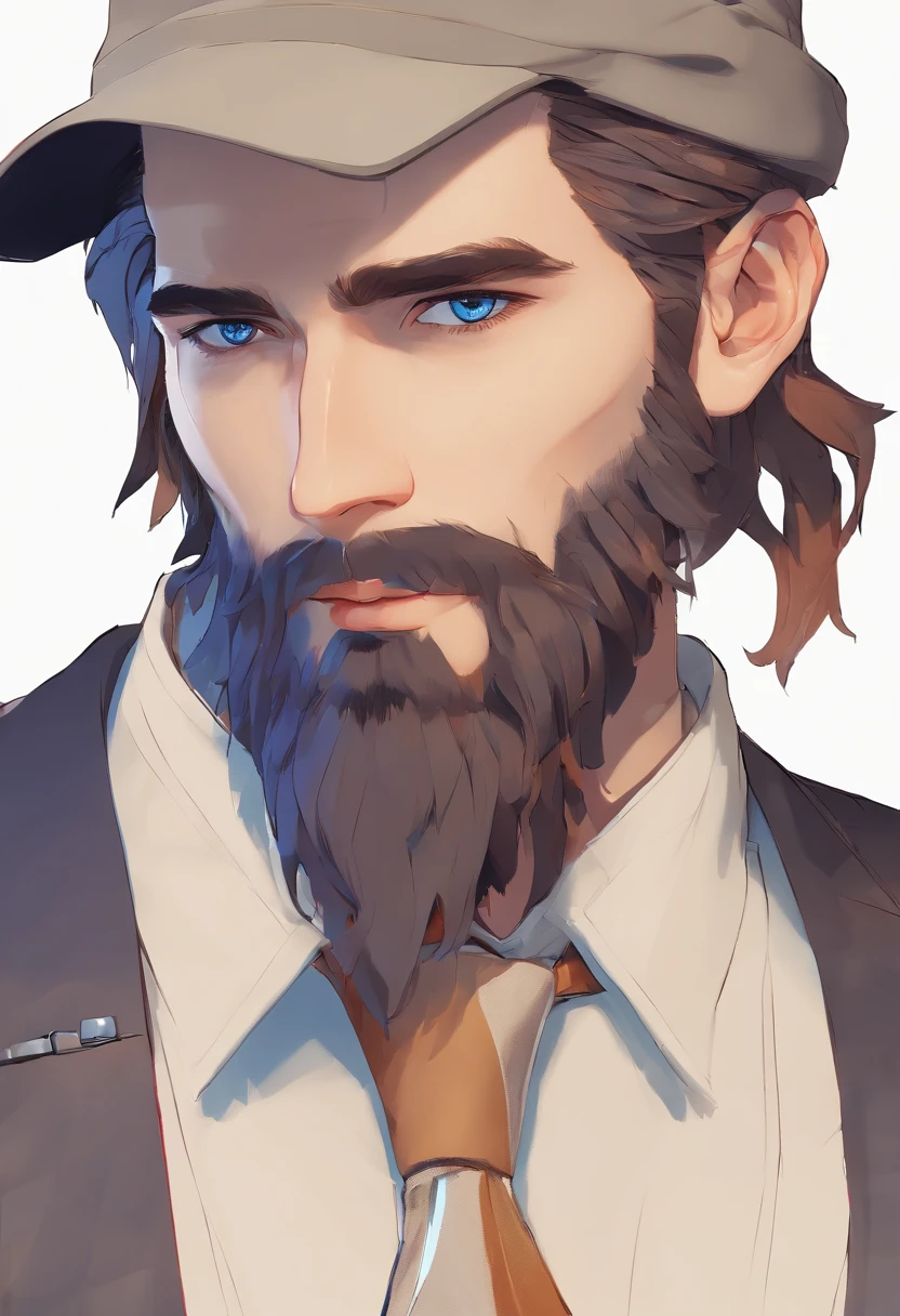 (Cyberpunk man in stylish clothes), (with a long and full beard,) (blue eyes) (portrait) Handsome and serious appearance, dark blue hair, Elegant and elegant, and strong body very formal white shirt, (Picture realistic and high quality), ((Best quality, 8k, master piece).