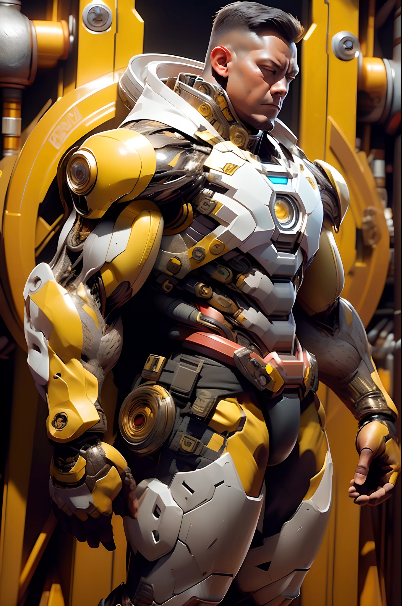 Action pose, buzz lightyear, bulky, very muscular, wearing ironman exo suit, black and gold color, damage, broken, showing wiring and pipe on suit