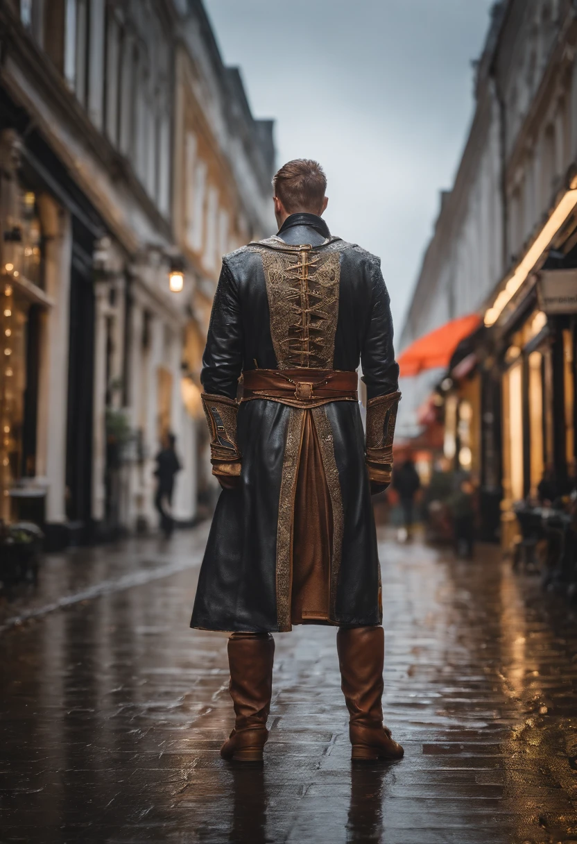 Anglo-Saxon male idol walking in the city , matchless beauty ,Natural White Light, Very bright rainy day, Hyper realistic, Hyper Detailed, Canon EF 24〜70mm f...../2.8L II USM Lens on Canon EOS 5D Mark IV Camera,