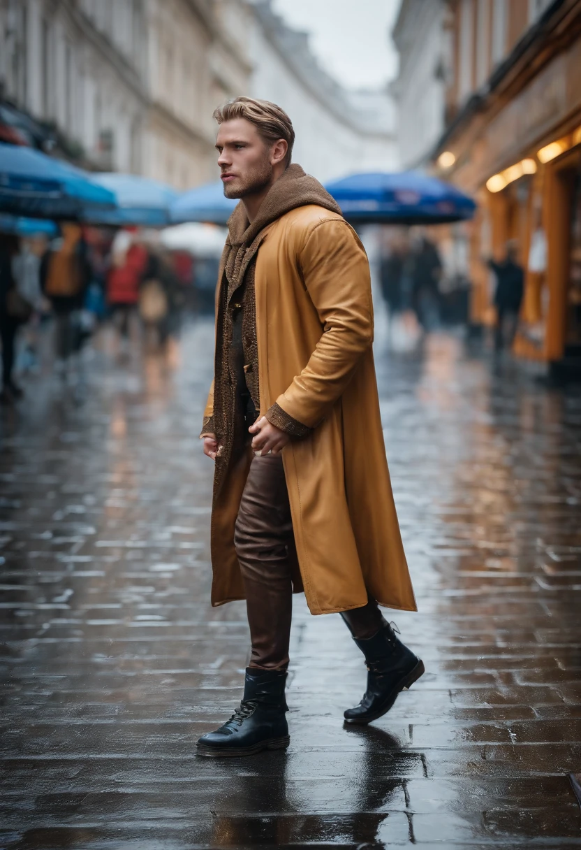 Anglo-Saxon male idol walking in the city , matchless beauty ,Natural White Light, Very bright rainy day, Hyper realistic, Hyper Detailed, Canon EF 24〜70mm f...../2.8L II USM Lens on Canon EOS 5D Mark IV Camera,