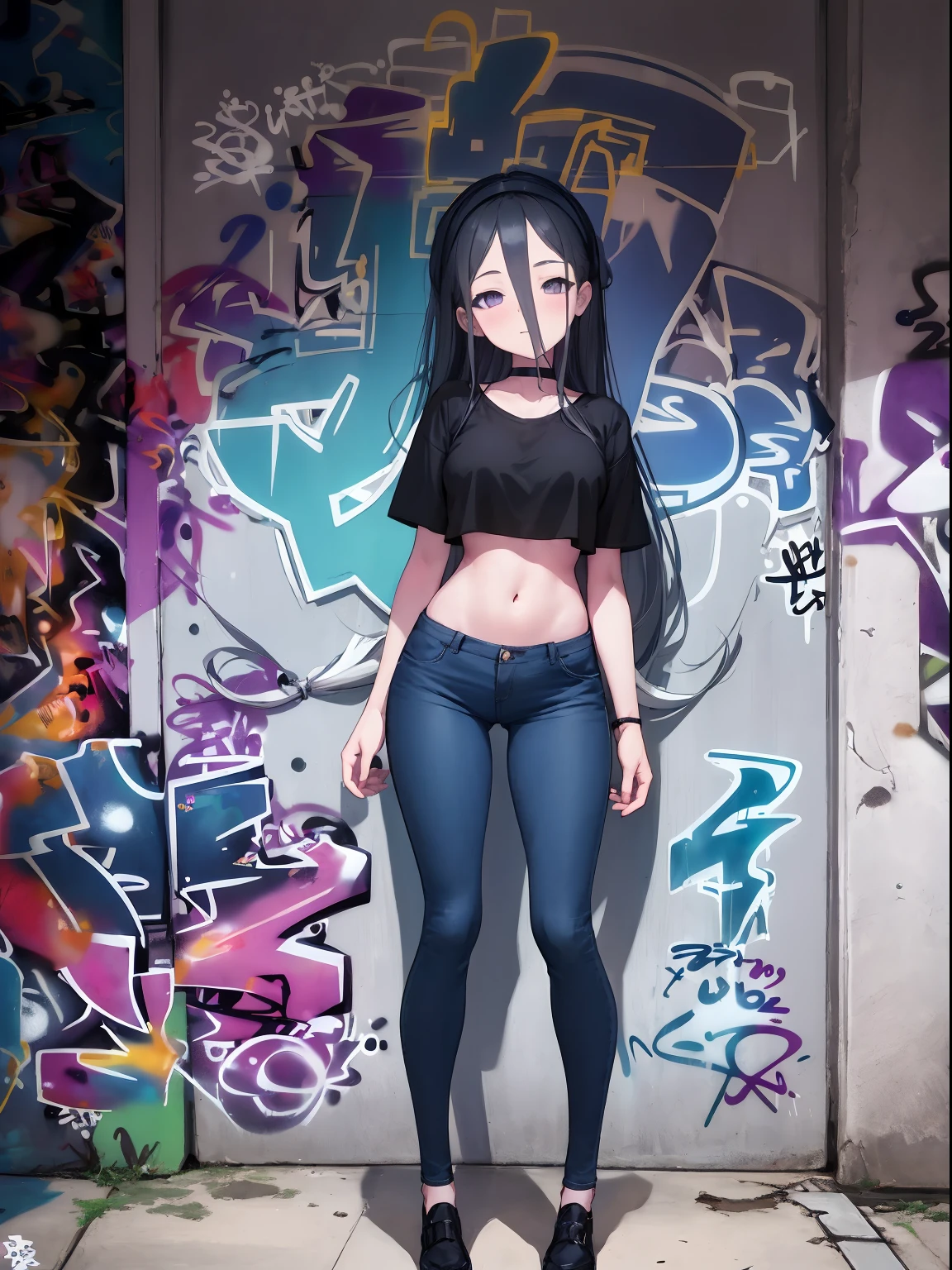 Alice Tendo|Blue Archives, master-piece, bestquality, 1girls,25 years old, proportional body, elongated legs, Beautiful, proportional., crop top, Long Jeans, mediuml breasts, ,bara, crop top, choker, (Graffiti:1.5), Splash with purple lightning pattern., arm behind back, against wall, View viewers from the front., Thigh strap, Head tilt, bored,