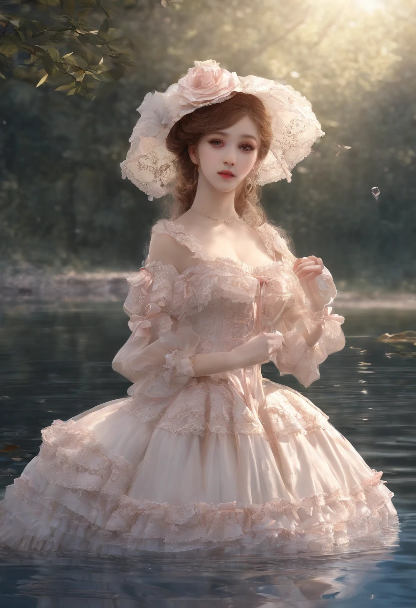 (lingerie:1.3), Takanobu Fujiwara(Takanobu Fujiwara)Digital rendering inspired by, pixiv, rococo, Victoria Gothic ta Fashion, Lolityle,lolita fon, one-piece,She is swimming in the lake,petticoat