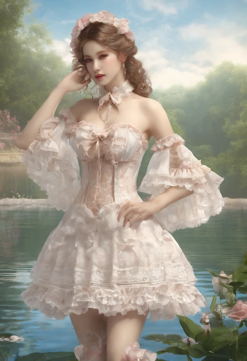 (lingerie:1.3), Takanobu Fujiwara(Takanobu Fujiwara)Digital rendering inspired by, pixiv, rococo, Victoria Gothic Lolita Fashion, Lolita Style,lolita fashion, one-piece,She is swimming in the lake,petticoat