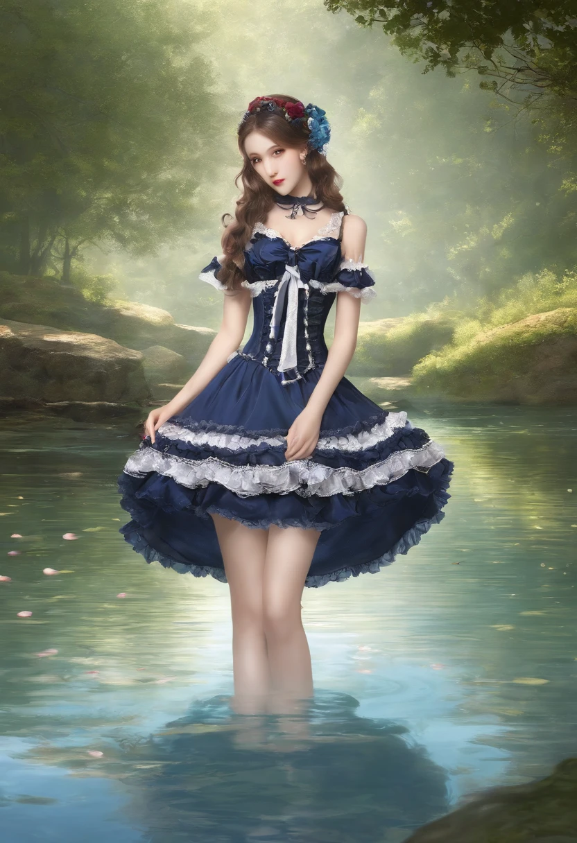 (lingerie:1.3), Takanobu Fujiwara(Takanobu Fujiwara)Digital rendering inspired by, pixiv, rococo, Victoria Gothic Lolita Fashion, Lolita Style,lolita fashion, one-piece,She is swimming in the lake,petticoat