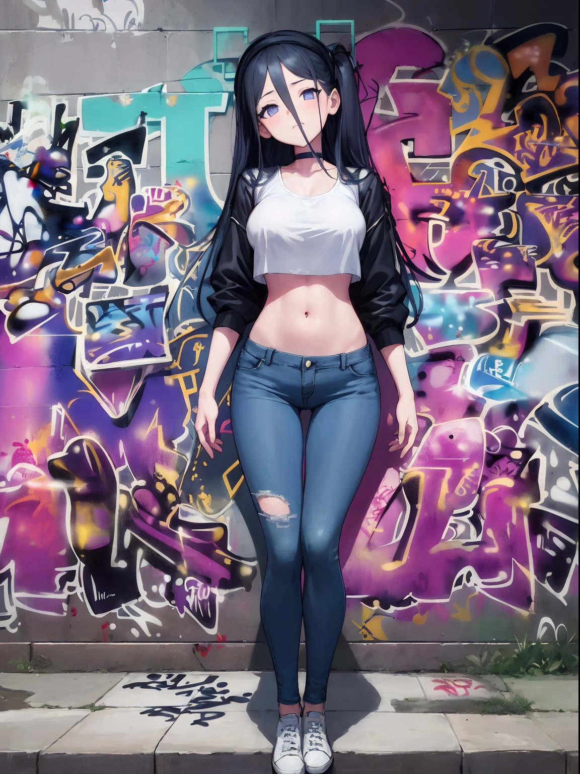 Alice Tendo|Blue Archives, master-piece, bestquality, 1girls,25 years old, proportional body, elongated legs, Beautiful, proportional., crop top, Long Jeans, mediuml breasts, ,bara, crop top, choker, (Graffiti:1.5), Splash with purple lightning pattern., arm behind back, against wall, View viewers from the front., Thigh strap, Head tilt, bored,