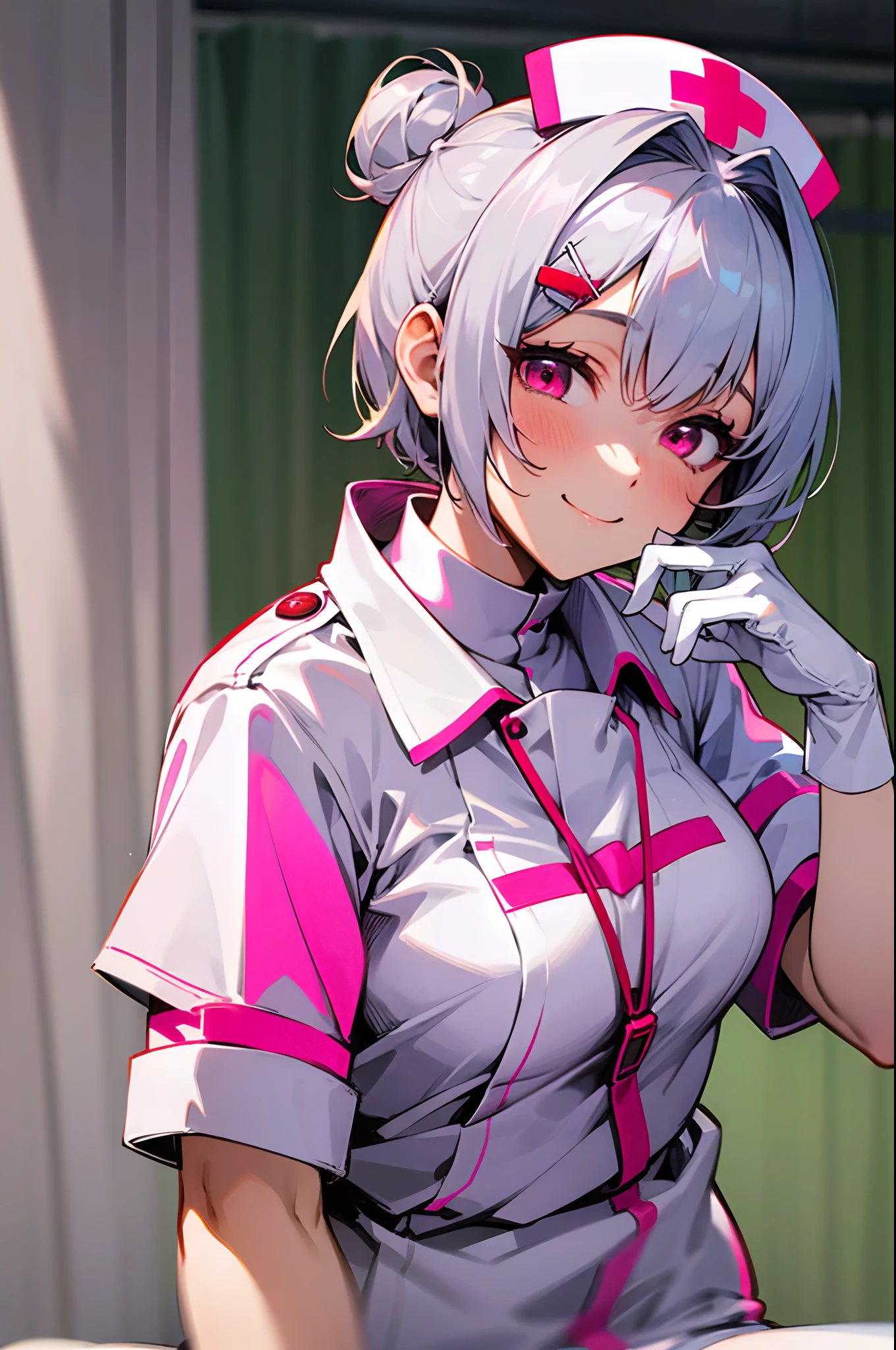 1womanl, Nurse, Nurse Cap, Whiteware, ((White legwear, zettai ryouiki)), White Gloves, Short hairstyle with silver hair and bob, Hair tied in a bun with a hair clip, Pink eyes, Smile, sharp outline, Short sleeves, Best Quality, masutepiece, Infirmary