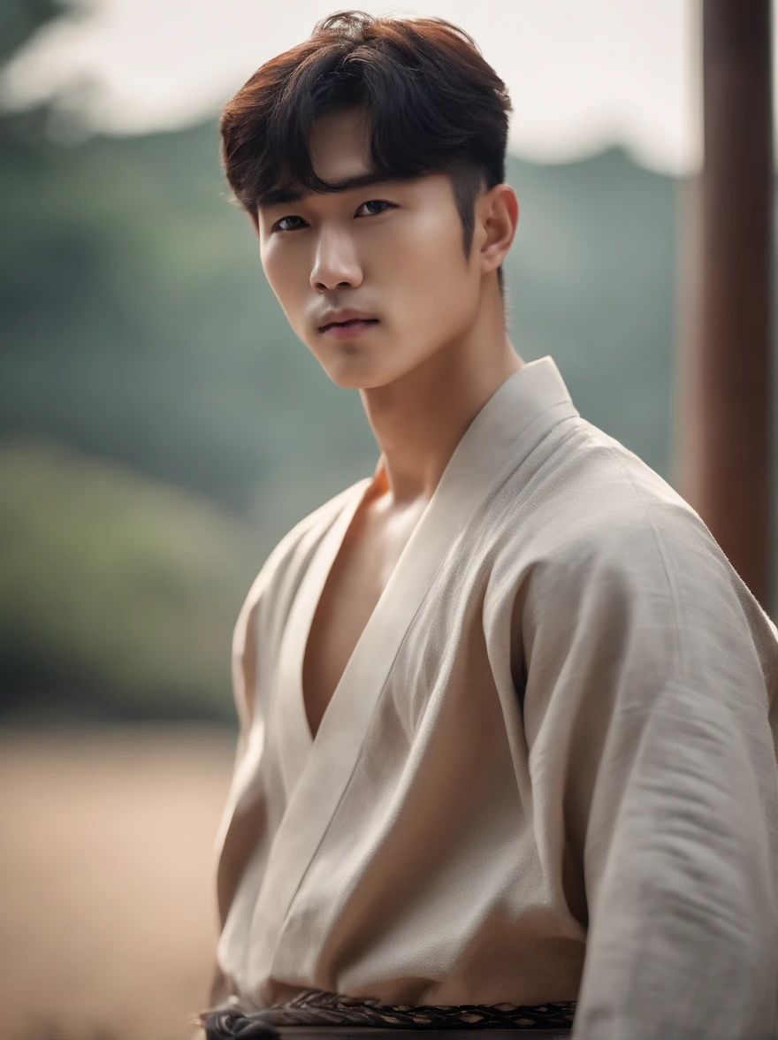 Handsome Korean Boy,Look at the camera with a gentle expression.,8k wallpapers, Fair-skinned, musculine, Wear traditional Thai pants., No shirt.