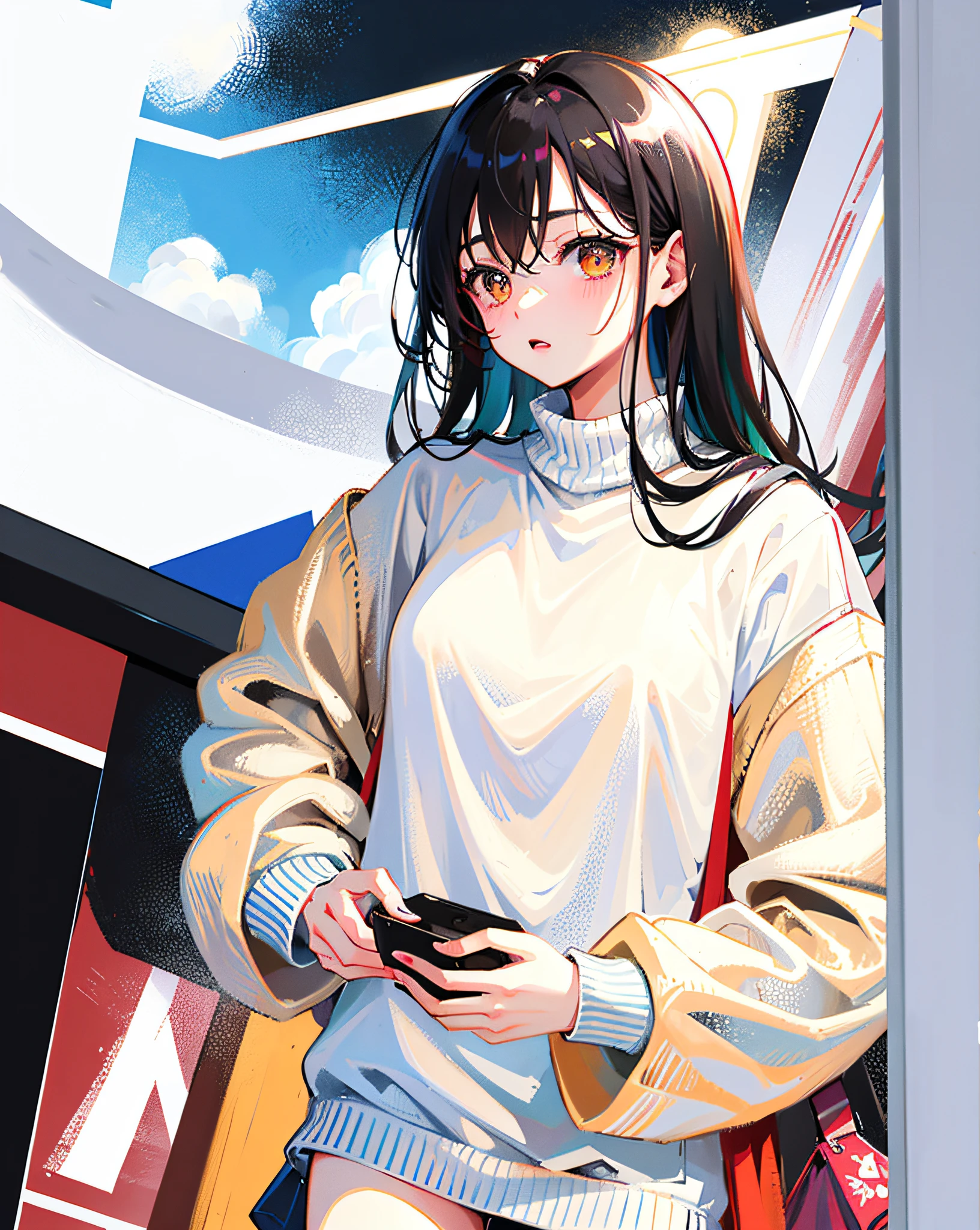 (Realistic painting style:1.0), Masterpiece, Best quality, absurderes, comic strip, illustration,
1 girl, Long hair, Black hair, Cute girl, young and cute girl, Korean girls, {Breasts},
long-sleeves sweater, Wear a long-sleeved sweater, Beige sweater,