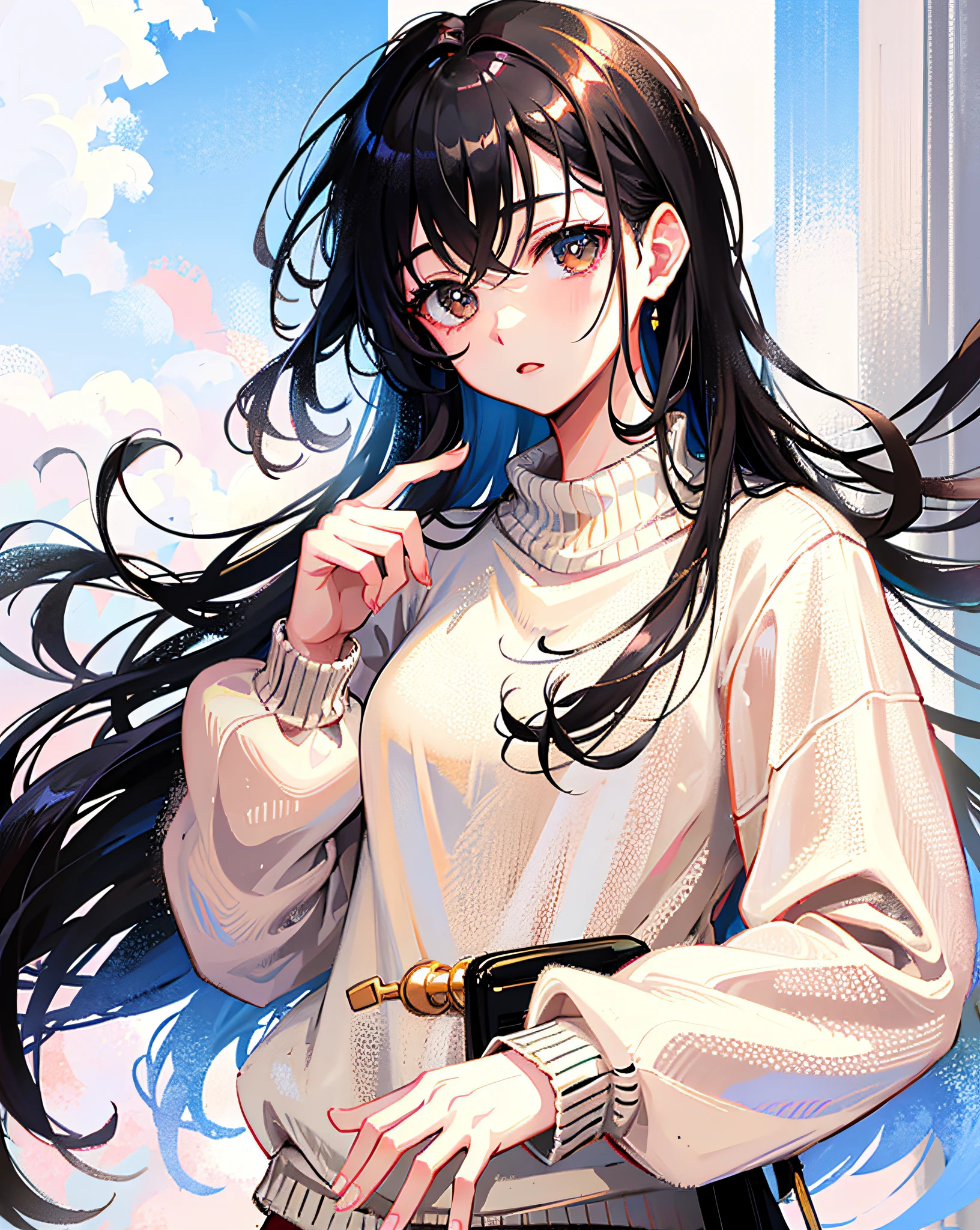 (Realistic painting style:1.0), Masterpiece, Best quality, absurderes, comic strip, illustration,
1 girl, Long hair, Black hair, Cute girl, young and cute girl, Korean girls, {Breasts},
long-sleeves sweater, Wear a long-sleeved sweater, Beige sweater,