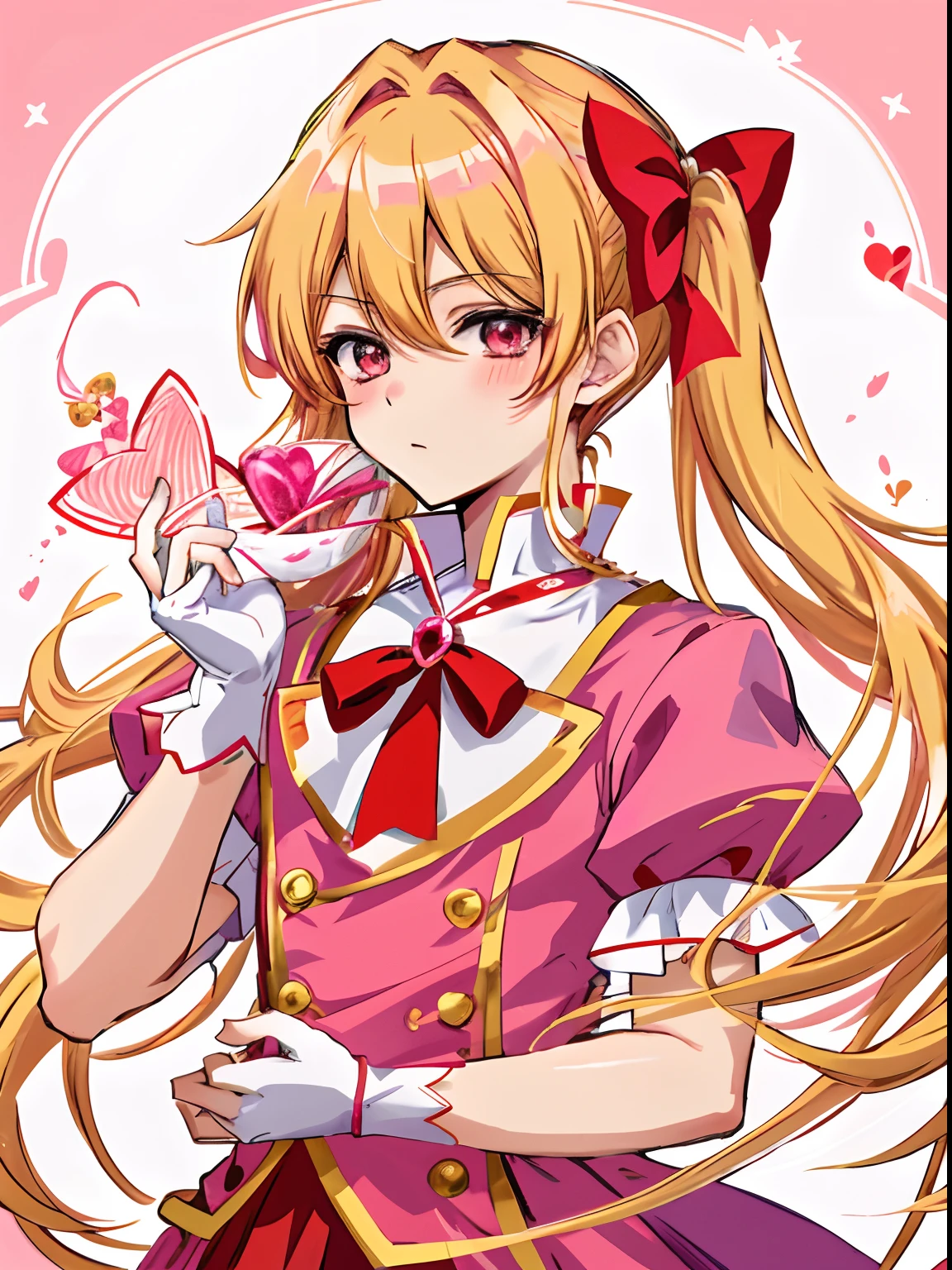 Anime boy in red dress with pink bow and pink heart, Portrait of a magical boy, Prince in anime, Magical Boy Anime Mahou Shōnen, Blonde long twin-tailed hair man, Candy Boy, Magical Boy, Dress Up Darling Anime, white glove, Magical Boy Style, Cool, marin kitagawa fanart, official artwork