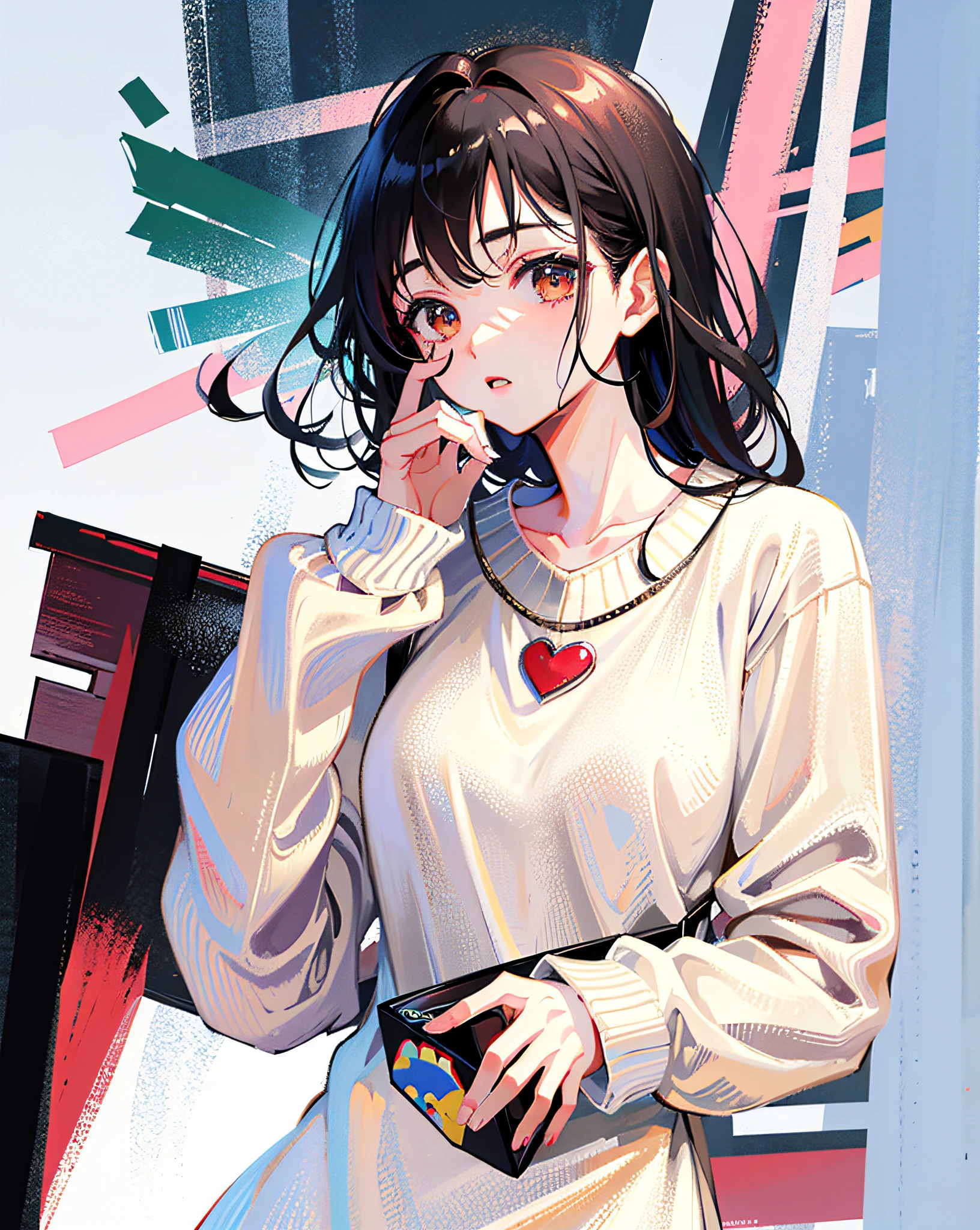 (Realistic painting style:1.0), Masterpiece, Best quality, absurderes, comic strip, illustration,
1 girl, Long hair, Black hair, Cute girl, young and cute girl, Korean girls, {Breasts}, 
long-sleeves sweater, Wear a long-sleeved sweater, Beige sweater,