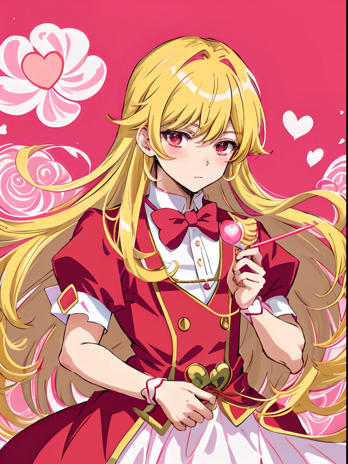Anime boy in red dress with pink bow and pink heart, Portrait of a magical boy, Prince in anime, Magical Boy Anime Mahou Shōnen, Blonde long twin-tailed hair man, Candy Boy, Magical Boy, Dress Up Darling Anime, white glove, Magical Boy Style, Cool, marin kitagawa fanart, official artwork