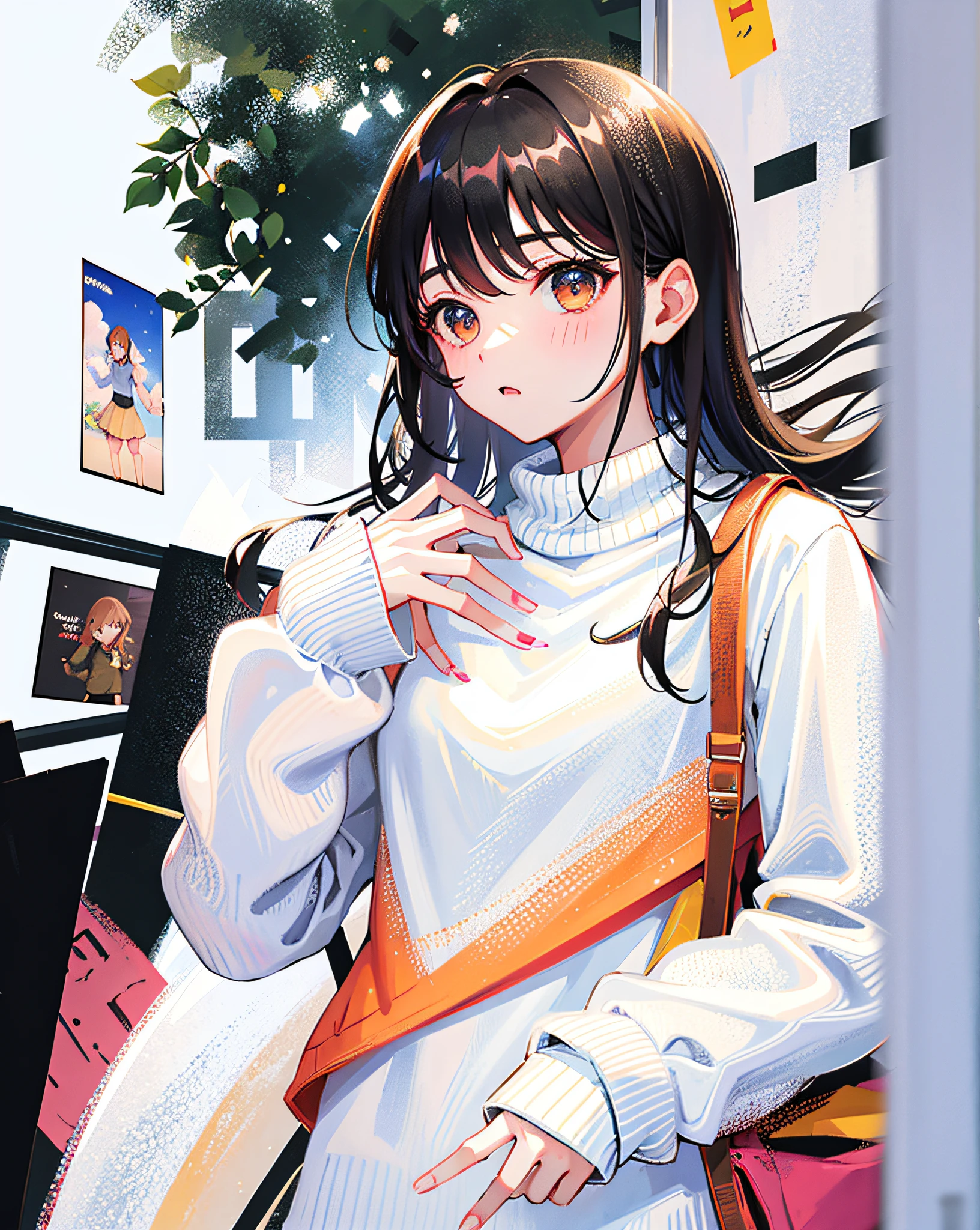 (Realistic painting style:1.0), Masterpiece, Best quality, absurderes, comic strip, illustration,
1 girl, Long hair, Black hair, Cute girl, young and cute girl, Korean girls, {Breasts},
long-sleeves sweater, Wear a long-sleeved sweater, Beige sweater,