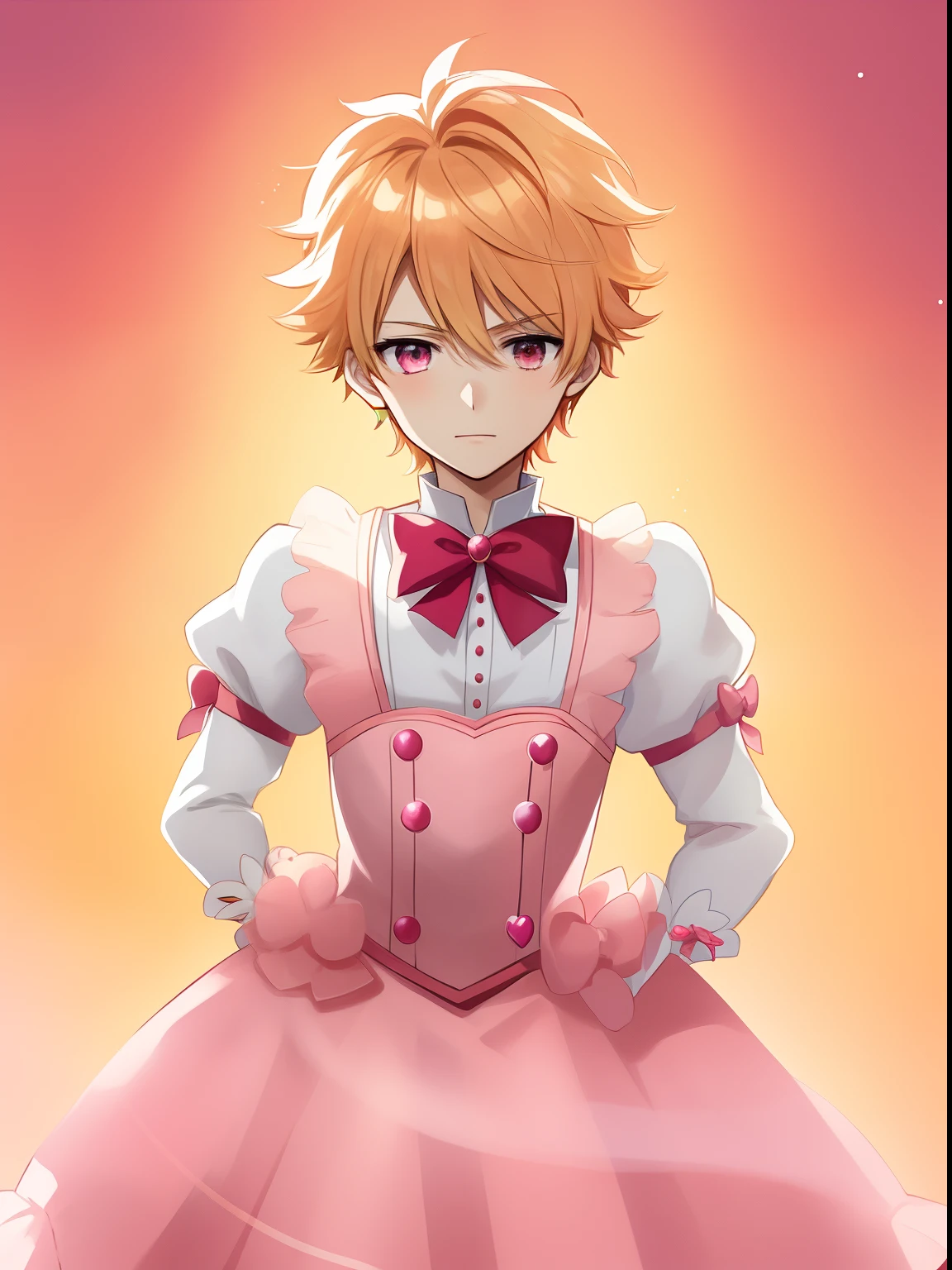 Anime boy in red dress with pink bow and pink heart, Portrait of a magical boy, Prince in anime, Magical Boy Anime Mahou Shōnen, Blonde long twin-tailed hair man, Candy Boy, Magical Boy, Dress Up Darling Anime, white glove, Magical Boy Style, Cool, marin kitagawa fanart, official artwork