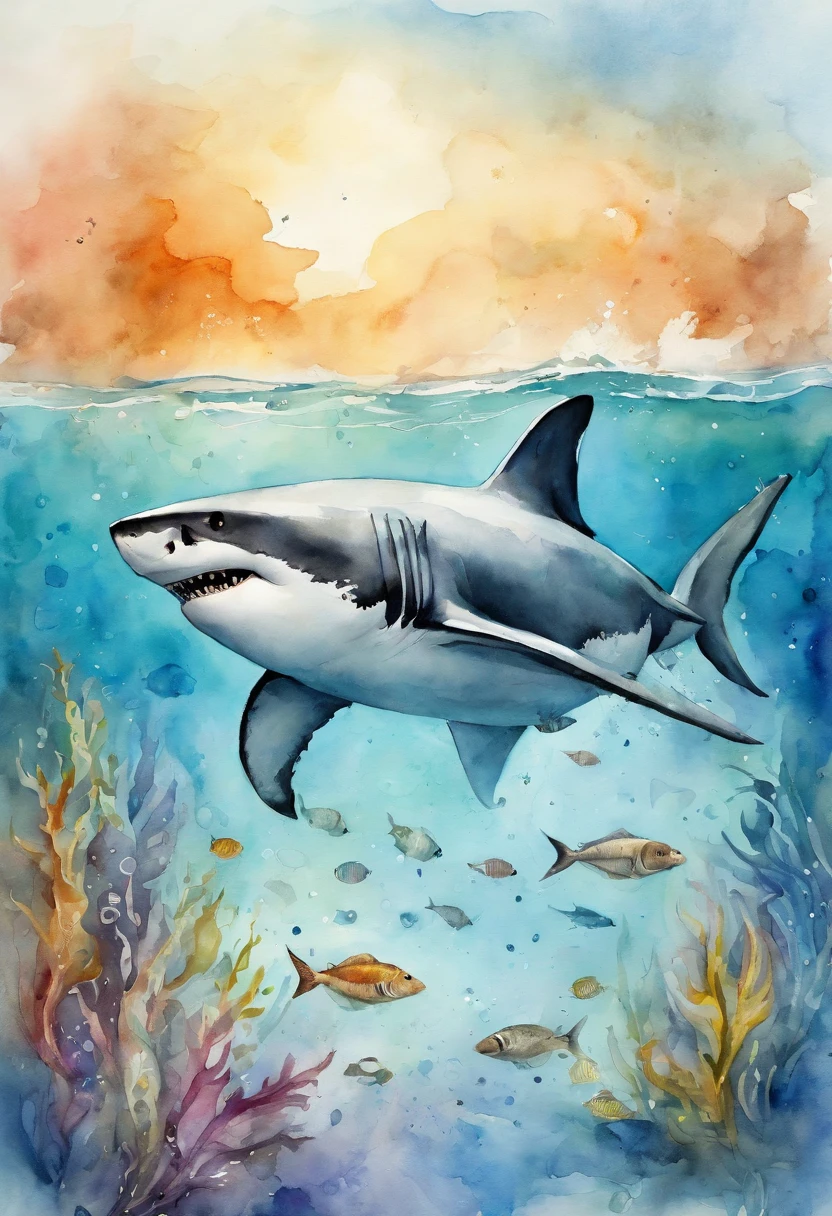 Laid back great white shark,Swim in the sea,Flicking his tail,Curved body,Deep sea background,