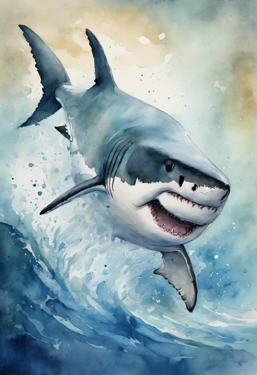 Laid back great white shark,Swim in the sea,Flicking his tail,Curved body,Deep sea background,