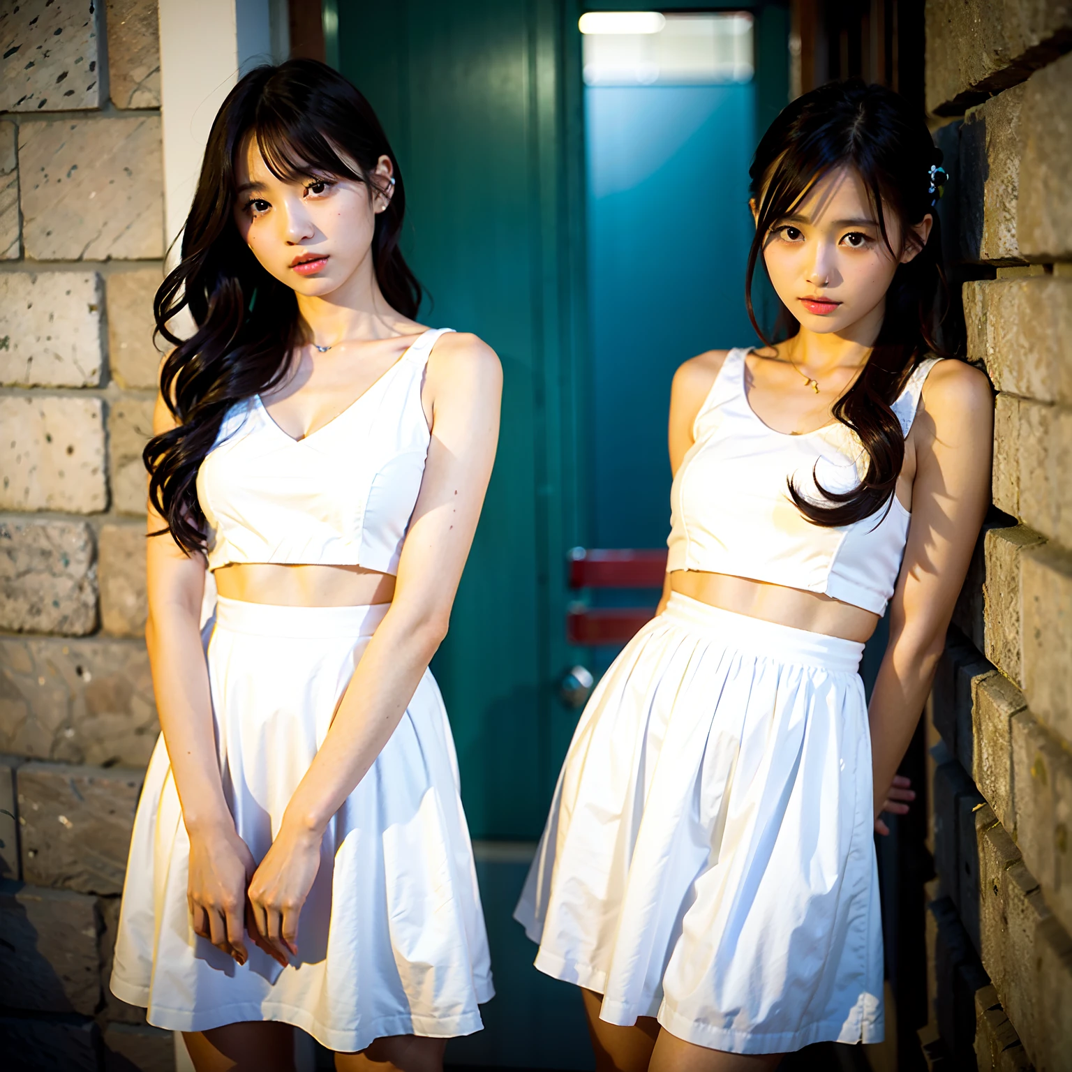 Identical twin sisters in Japan white dress leaning against wall, 、beautiful Girl, Japanese Models, Realistic Young Gravure Idol, Gorgeous young Korean woman, 奈良美智, Young Sensual Gravure Idol, Young Pretty Gravure Idol, Beautiful young Korean woman, Young Gravure Idol, the face of a beautiful Japanese girl, in city street