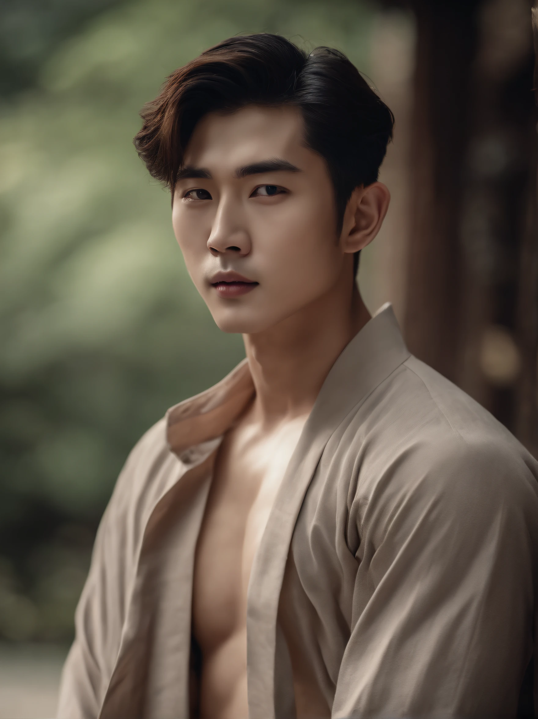 Handsome Korean Boy，Look at the camera with a gentle expression.，8k wallpapers, Fair-skinned, musculine, Wear traditional Thai pants., No shirt.