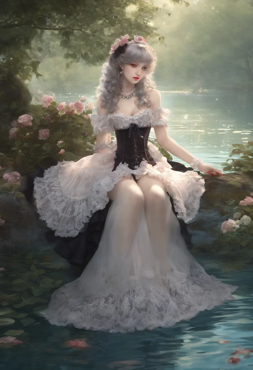 (lingerie:1.3), Takanobu Fujiwara(Takanobu Fujiwara)Digital rendering inspired by, pixiv, rococo, Victoria Gothic Lolita Fashion, Lolita Style,lolita fashion, one-piece,She is swimming in the lake,petticoat