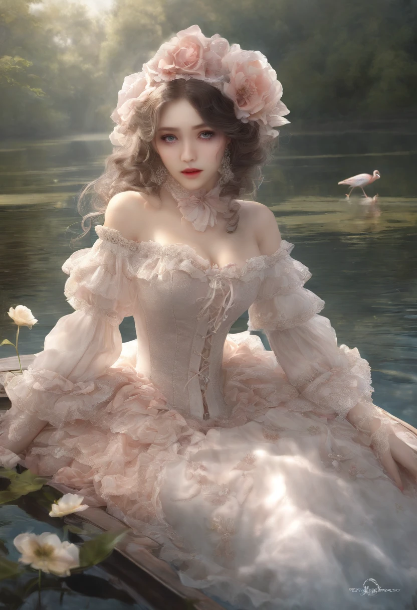 (lingerie:1.3), Takanobu Fujiwara(Takanobu Fujiwara)Digital rendering inspired by, pixiv, rococo, Victoria Gothic ta Fashion, Lolityle,lolita fon, one-piece,She is swimming in the lake,petticoat