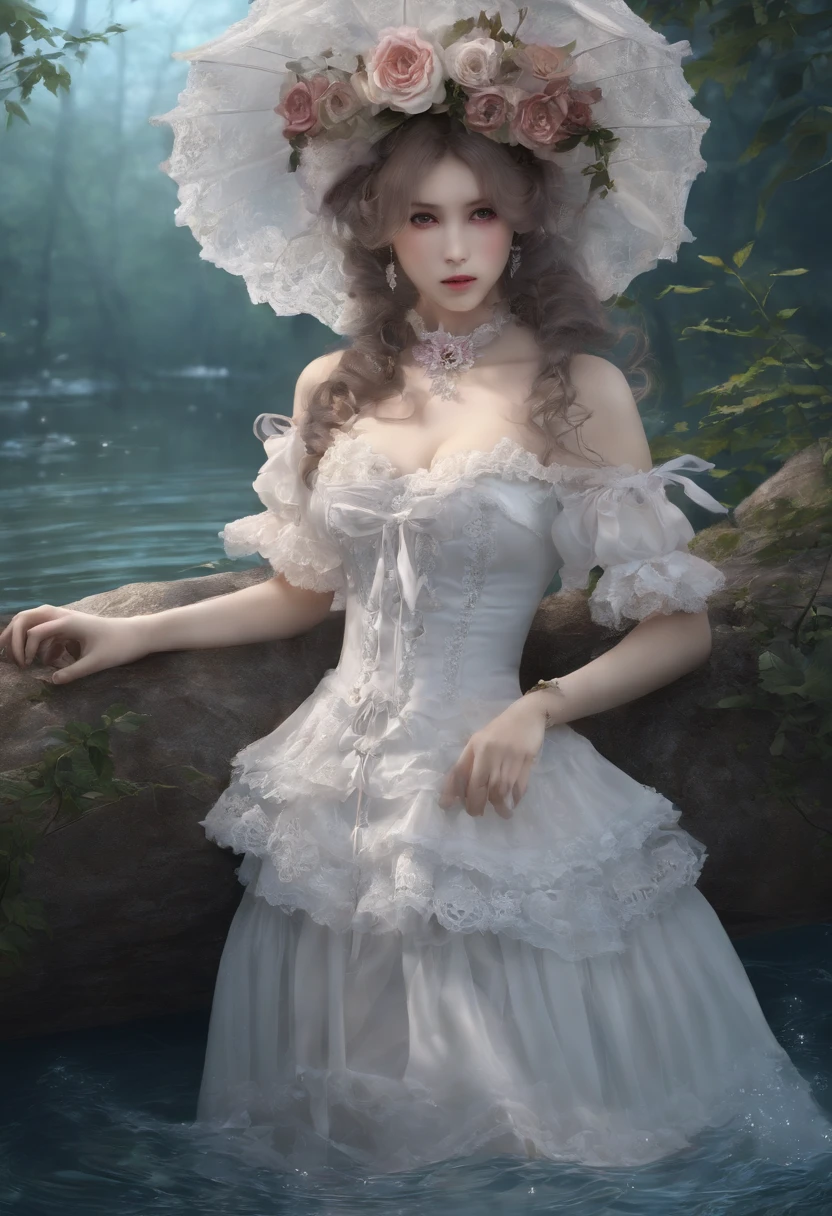 (lingerie:1.3), Takanobu Fujiwara(Takanobu Fujiwara)Digital rendering inspired by, pixiv, rococo, Victoria Gothic Lolita Fashion, Lolita Style,lolita fashion, one-piece,She is swimming in the lake,petticoat,zombie