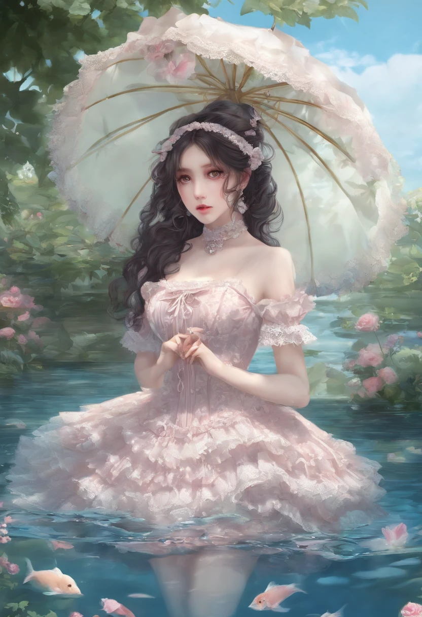 (lingerie:1.3), Takanobu Fujiwara(Takanobu Fujiwara)Digital rendering inspired by, pixiv, rococo, Victoria Gothic ta Fashion, Lolityle,lolita fon, one-piece,She is swimming in the lake,petticoat,zombie